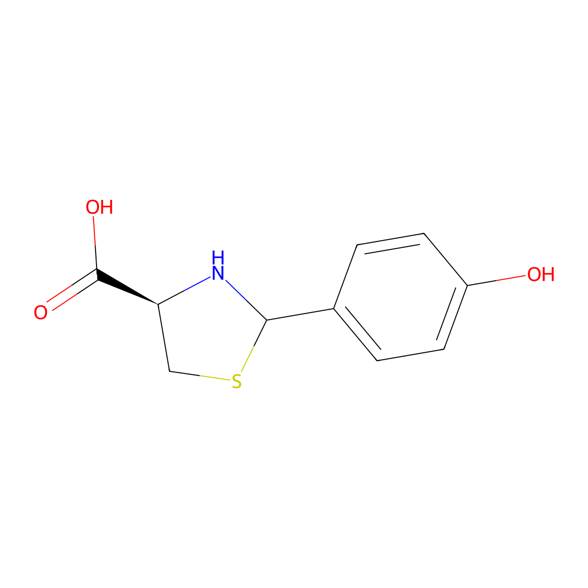 (4R)-2-(4-hydroxyphenyl)-1,3-thiazolidine-4-carboxylic acid molecular structure, CAS 222404-24-2