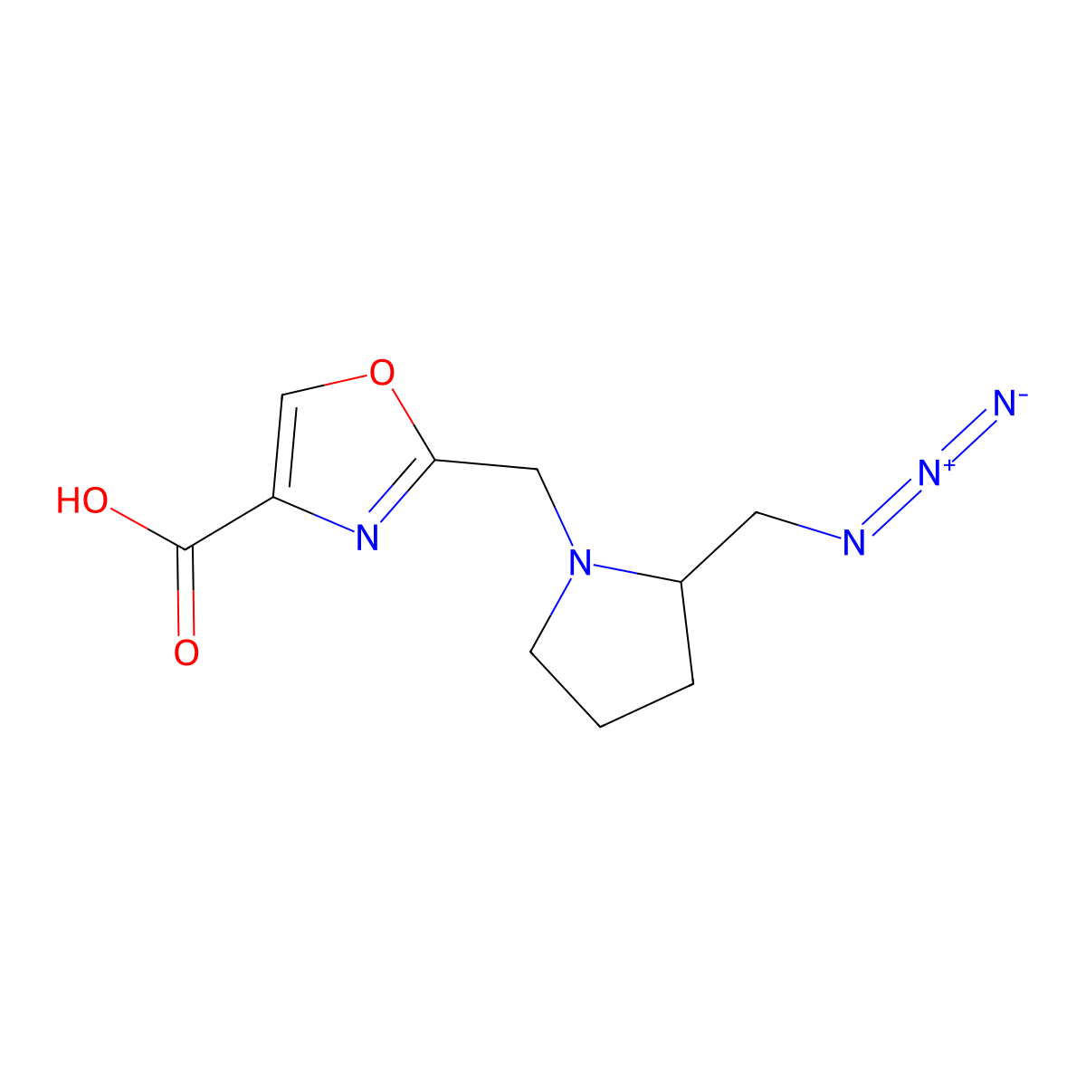 2-{[2-(Azidomethyl)pyrrolidin-1-yl]methyl}-1,3-oxazole-4-carboxylic acid molecular structure, CAS 2224294-84-0
