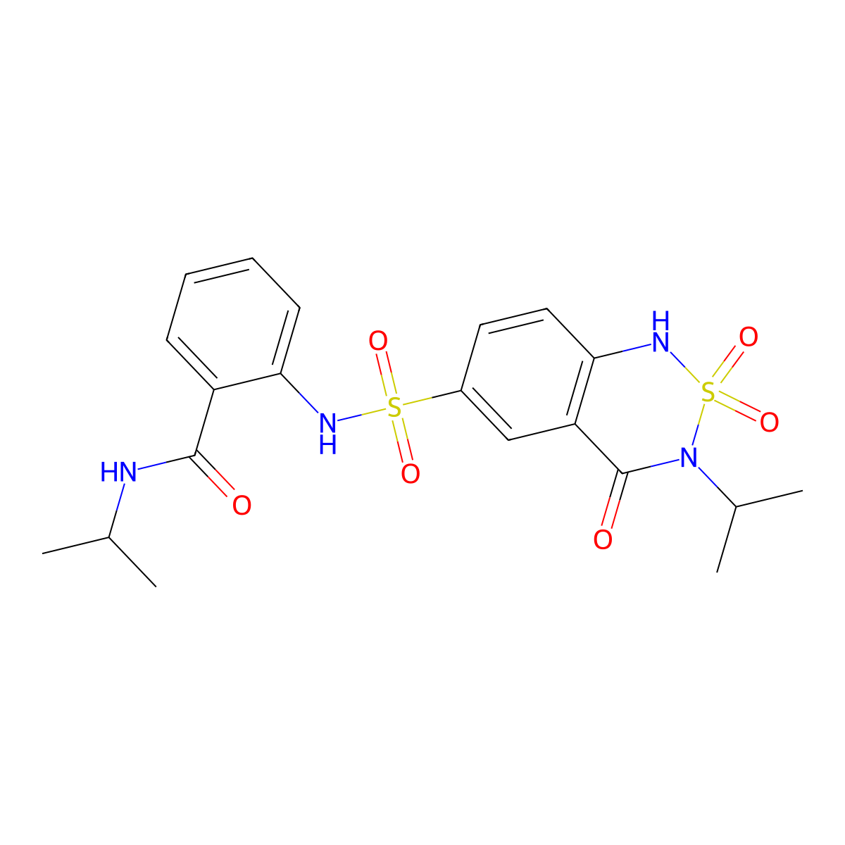 N-(propan-2-yl)-2-[2,2,4-trioxo-3-(propan-2-yl)-3,4-dihydro-1H-2lambda6,1,3-benzothiadiazine-6-sulfonamido]benzamide molecular structure, CAS 2225136-64-9