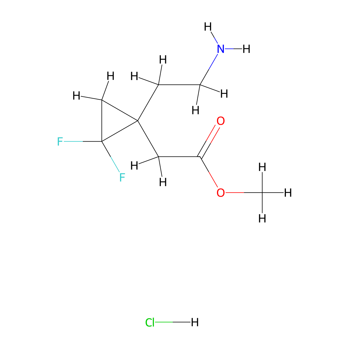 Methyl 2-[1-(2-aminoethyl)-2,2-difluorocyclopropyl]acetate hydrochloride molecular structure, CAS 2225136-67-2