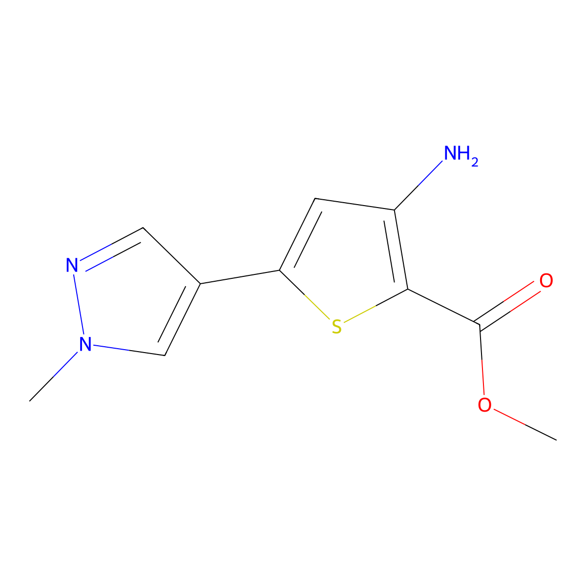 Methyl 3-amino-5-(1-methyl-1H-pyrazol-4-yl)thiophene-2-carboxylate molecular structure, CAS 2225137-12-0