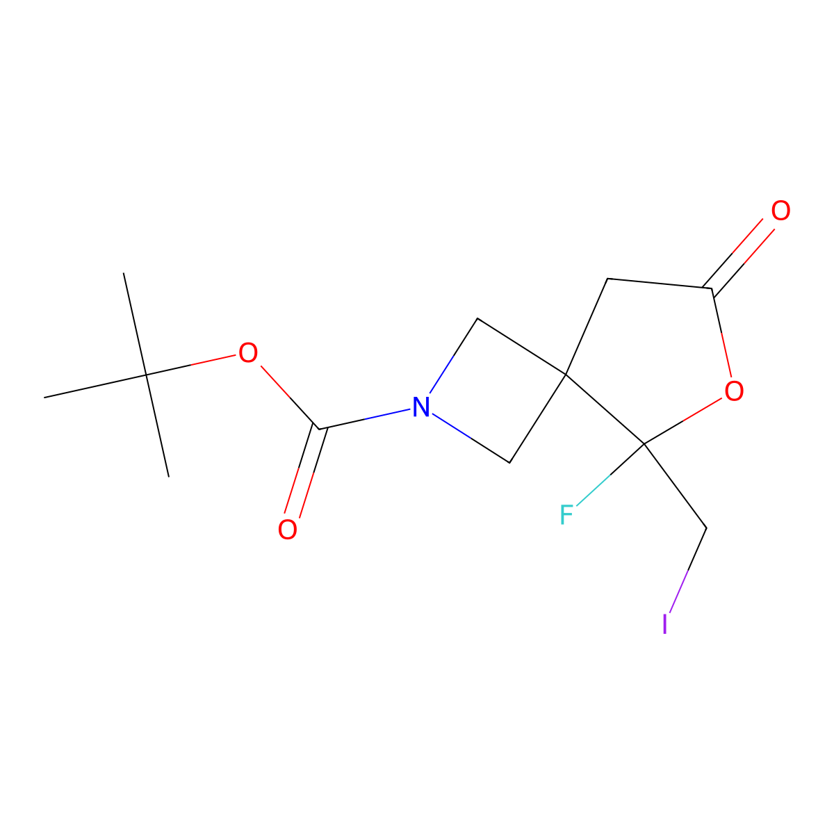 Tert-butyl 5-fluoro-5-(iodomethyl)-7-oxo-6-oxa-2-azaspiro(3.4)octane-2-carboxylate molecular structure, CAS 2225137-29-9