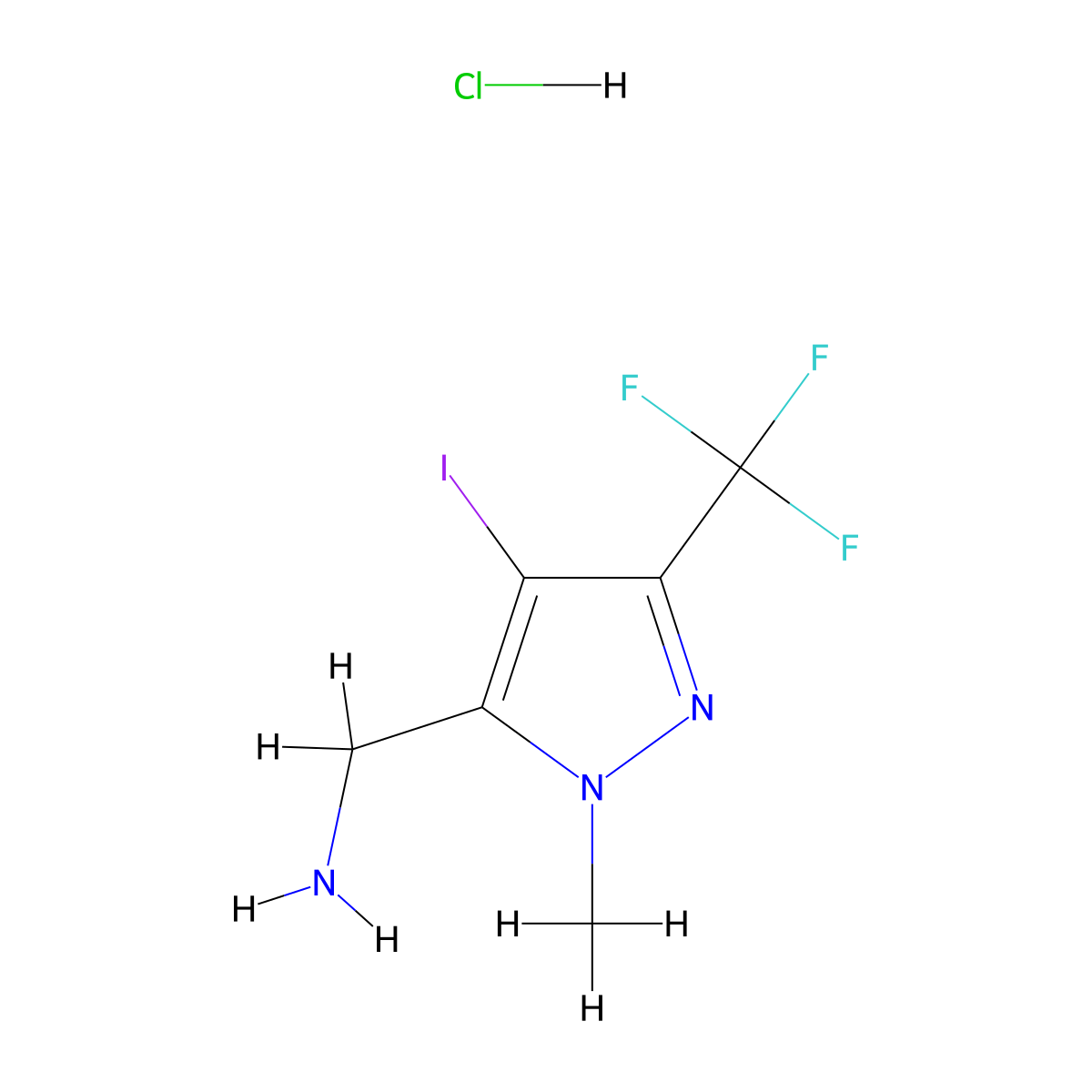 (4-iodo-1-methyl-3-(trifluoromethyl)-1H-pyrazol-5-yl)methanamine hydrochloride molecular structure, CAS 2225141-19-3