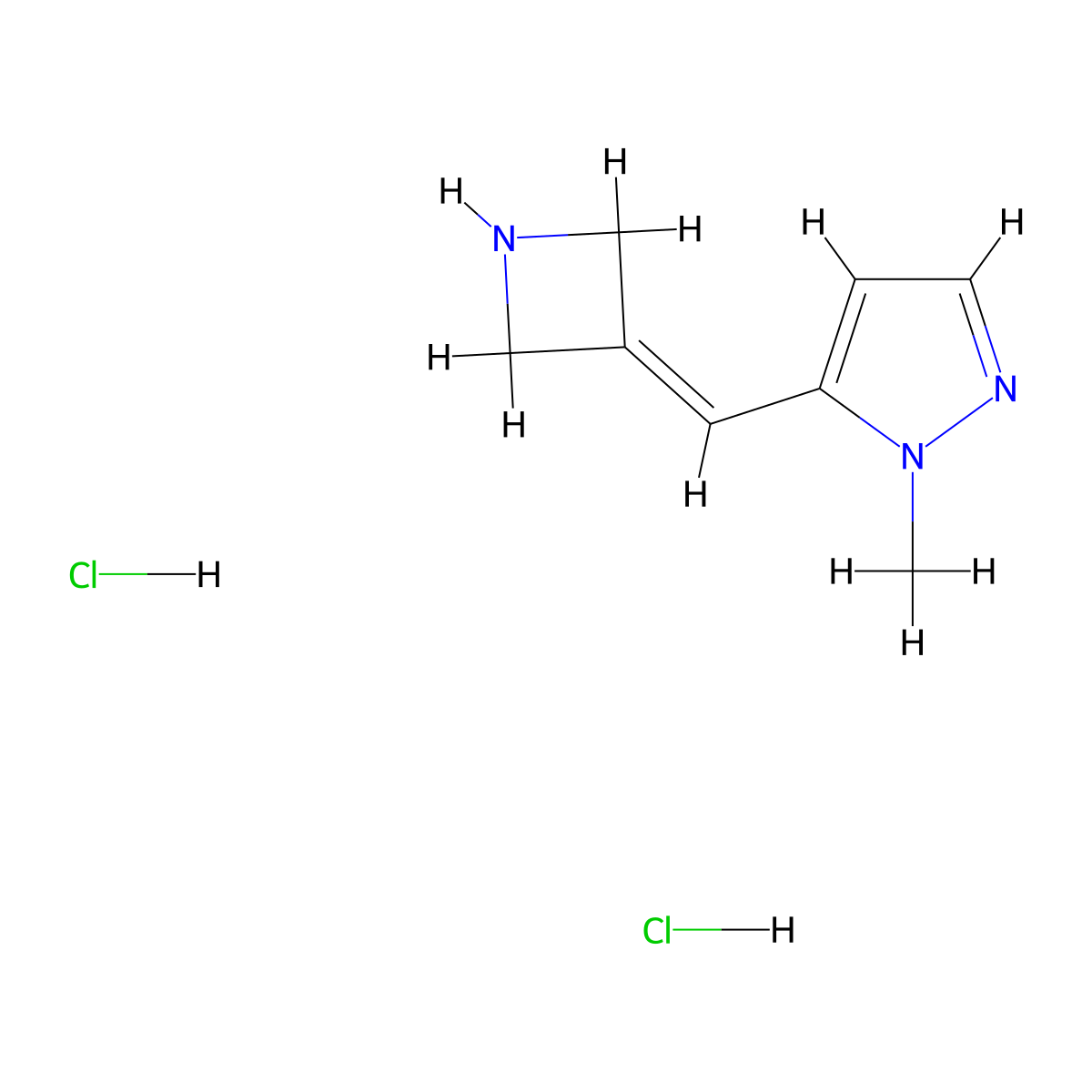 5-[(azetidin-3-ylidene)methyl]-1-methyl-1H-pyrazole dihydrochloride molecular structure, CAS 2225142-12-9