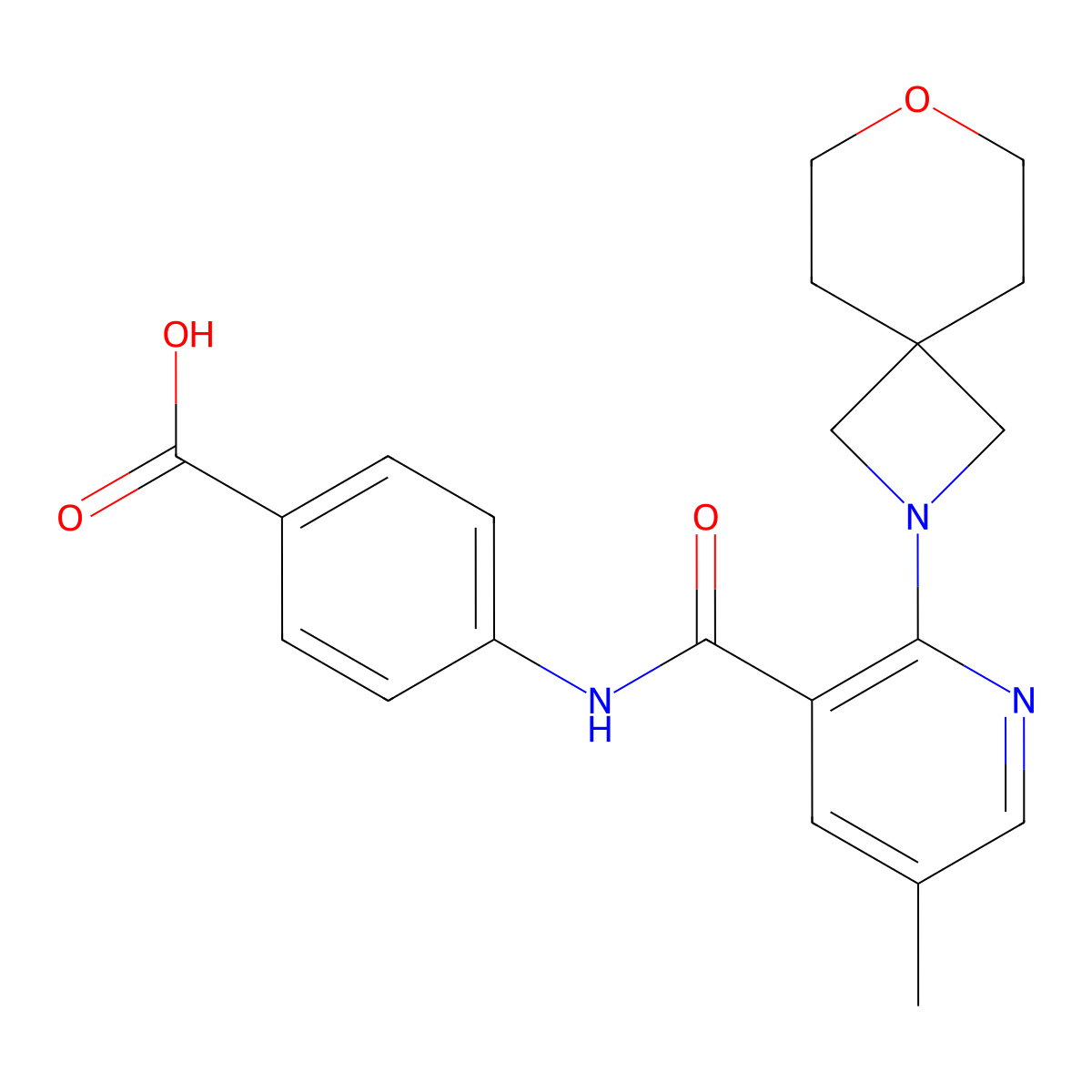 4-(5-Methyl-2-{7-oxa-2-azaspiro[3.5]nonan-2-yl}pyridine-3-amido)benzoic acid molecular structure, CAS 2225142-41-4