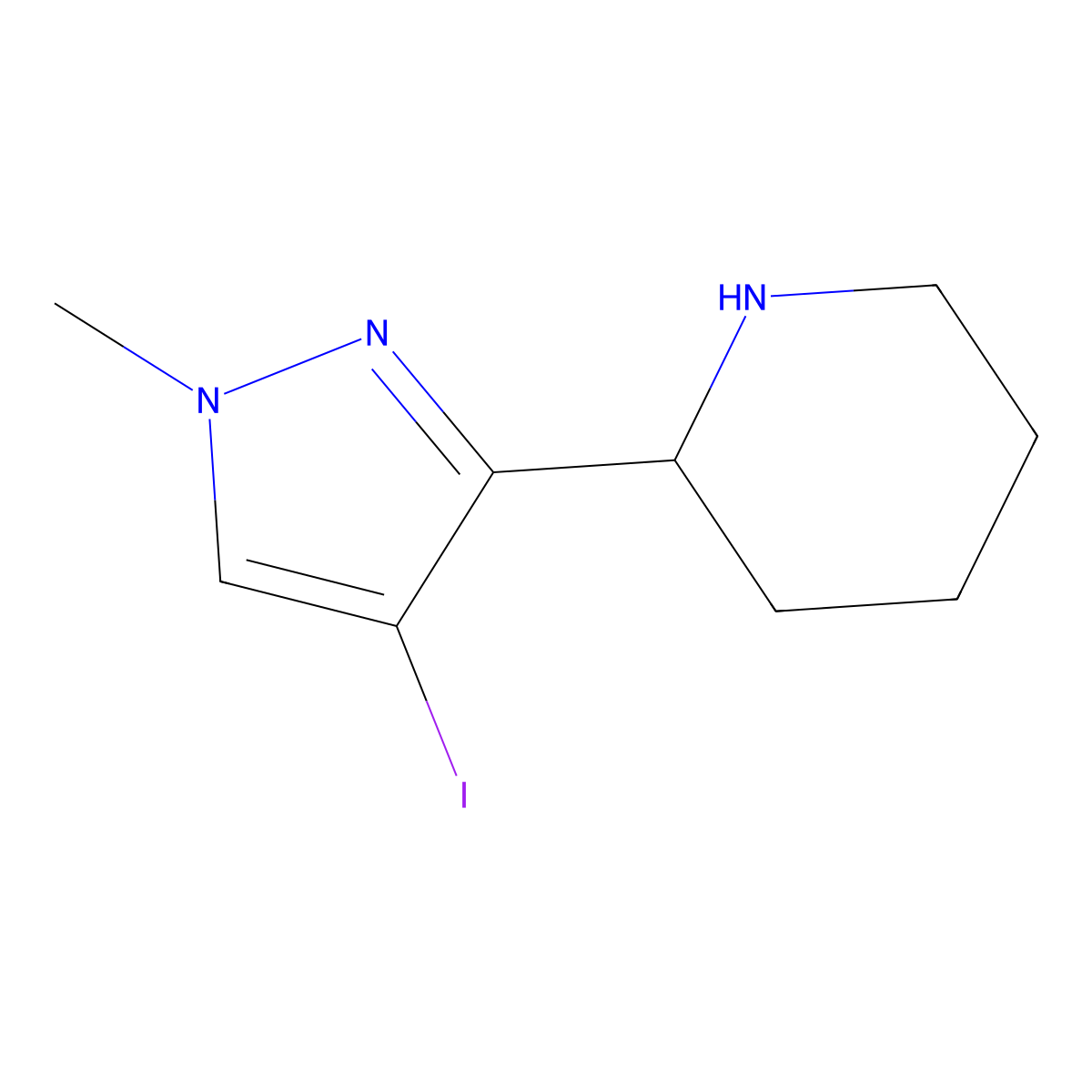 2-(4-iodo-1-methyl-1H-pyrazol-3-yl)piperidine molecular structure, CAS 2225143-93-9