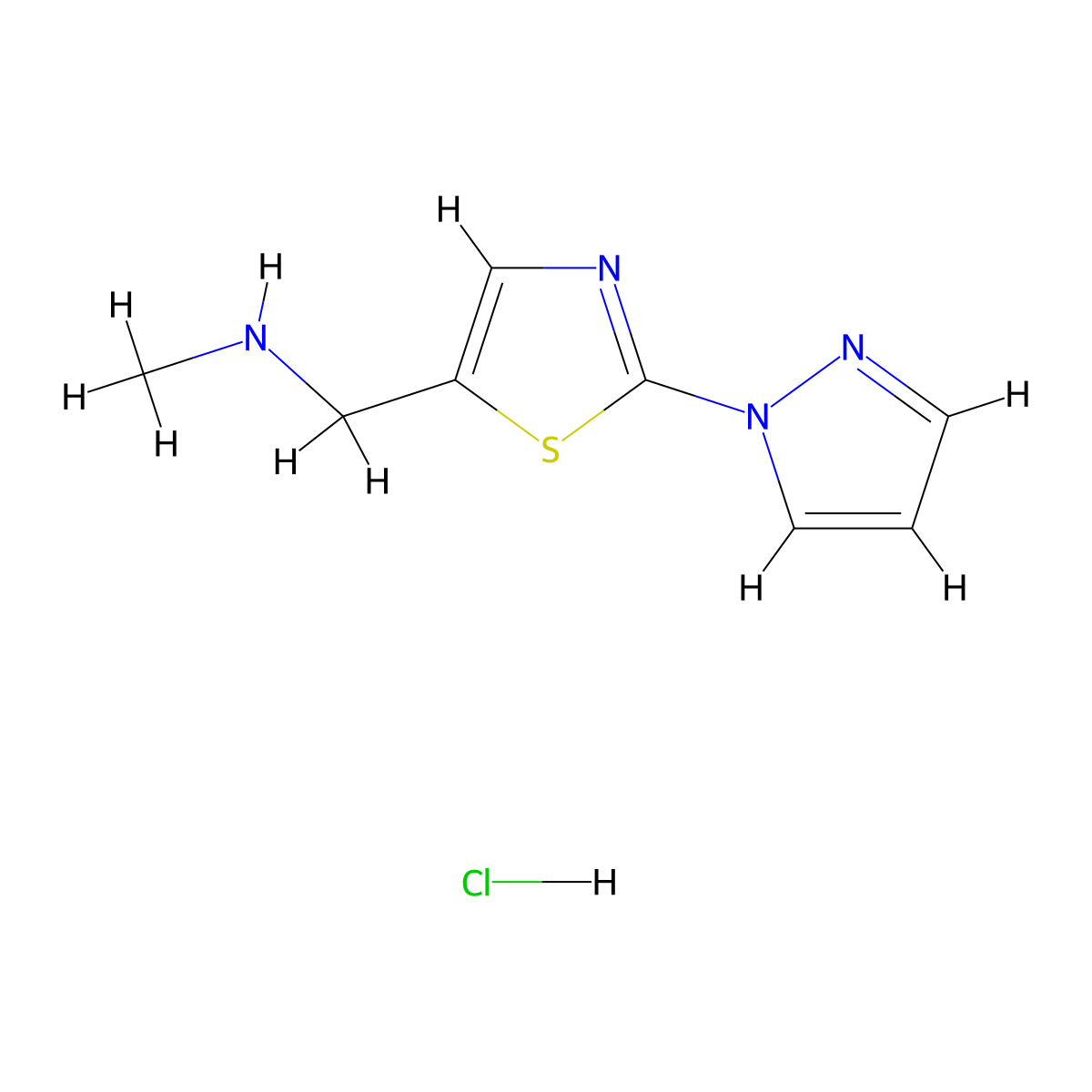 methyl({[2-(1H-pyrazol-1-yl)-1,3-thiazol-5-yl]methyl})amine hydrochloride molecular structure, CAS 2225144-64-7