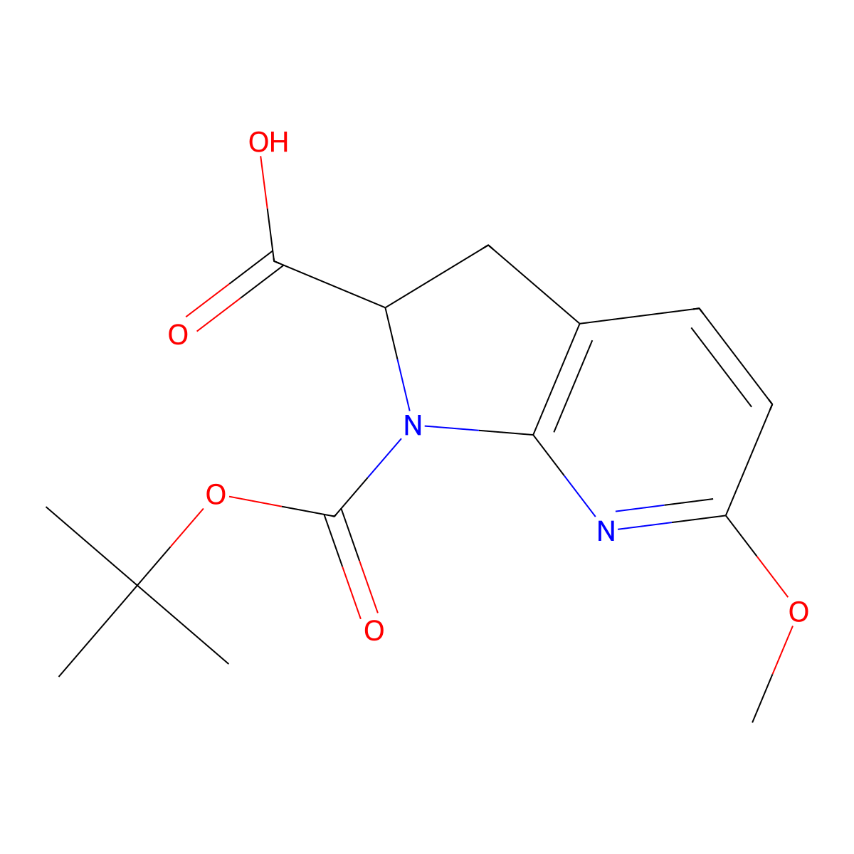 1-[(tert-butoxy)carbonyl]-6-methoxy-1H,2H,3H-pyrrolo[2,3-b]pyridine-2-carboxylic acid molecular structure, CAS 2225146-25-6