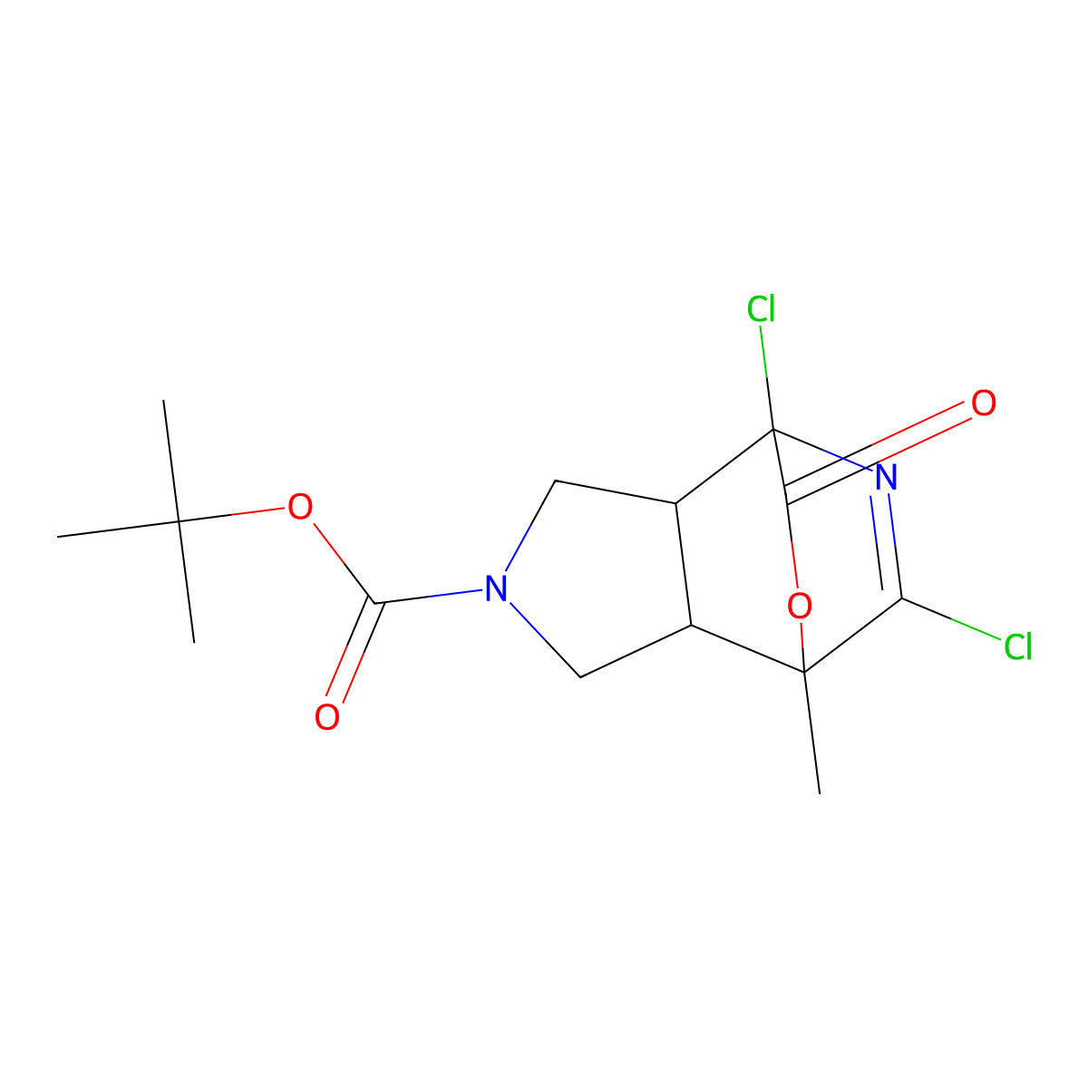 Tert-butyl 1,11-dichloro-7-methyl-9-oxo-8-oxa-4,10-diazatricyclo[5.2.2.0,2,6]undec-10-ene-4-carboxylate molecular structure, CAS 2225147-52-2