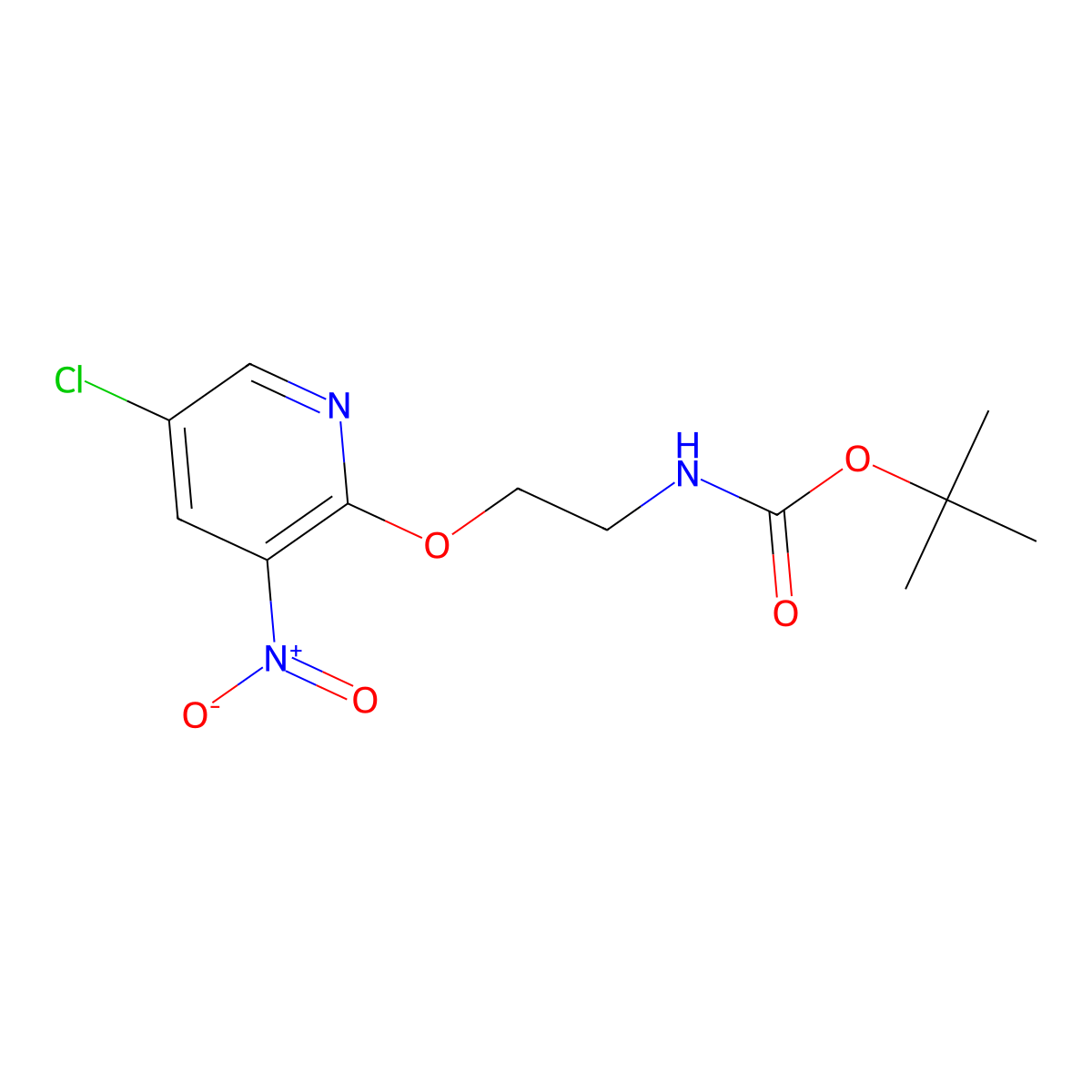 Tert-butyl (2-((5-chloro-3-nitropyridin-2-yl)oxy)ethyl)carbamate molecular structure, CAS 2225148-30-9