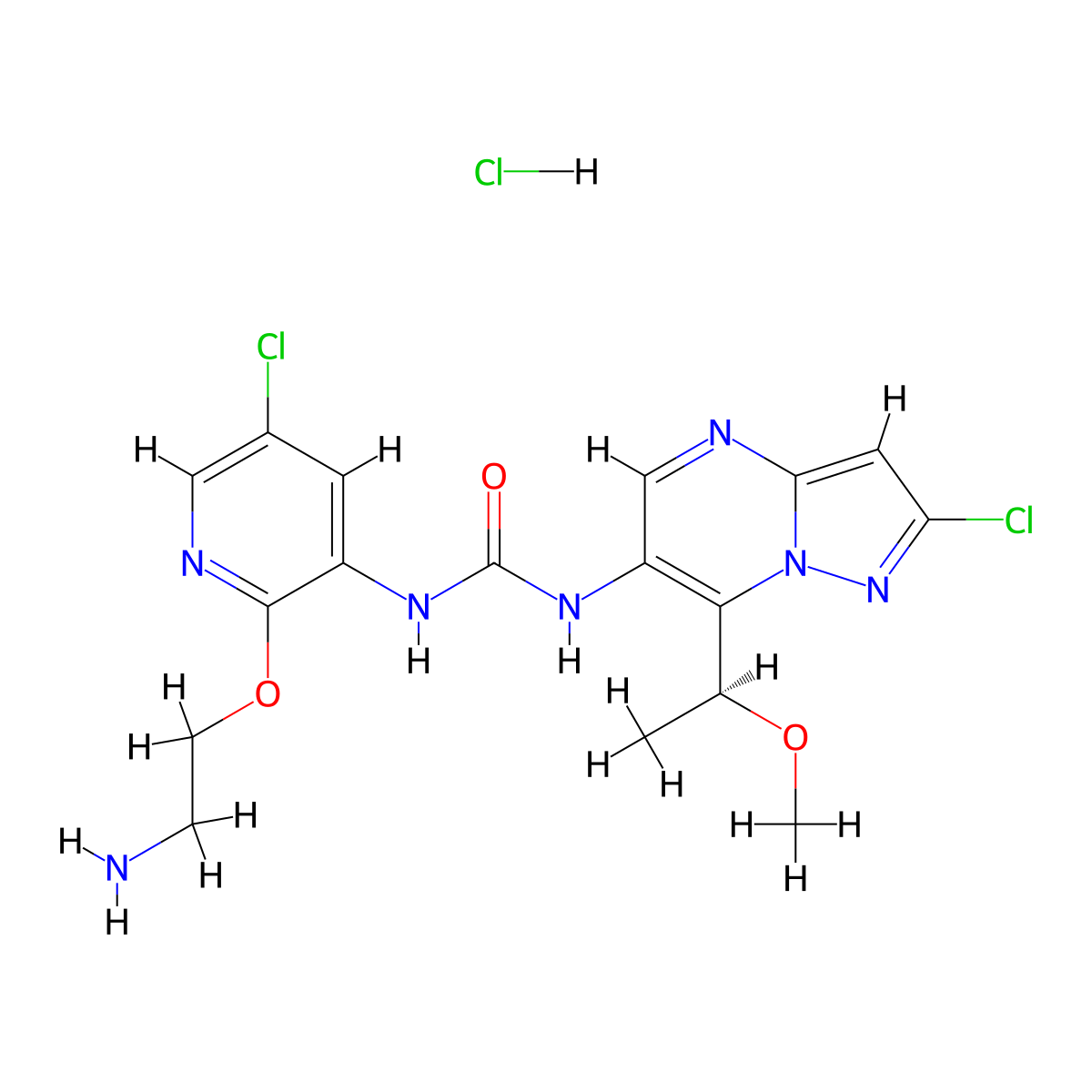 (S)-1-(2-(2-Aminoethoxy)-5-chloropyridin-3-yl)-3-(2-chloro-7-(1-methoxyethyl)pyrazolo[1,5-a]pyrimidin-6-yl)urea hydrochloride molecular structure, CAS 2225148-34-3
