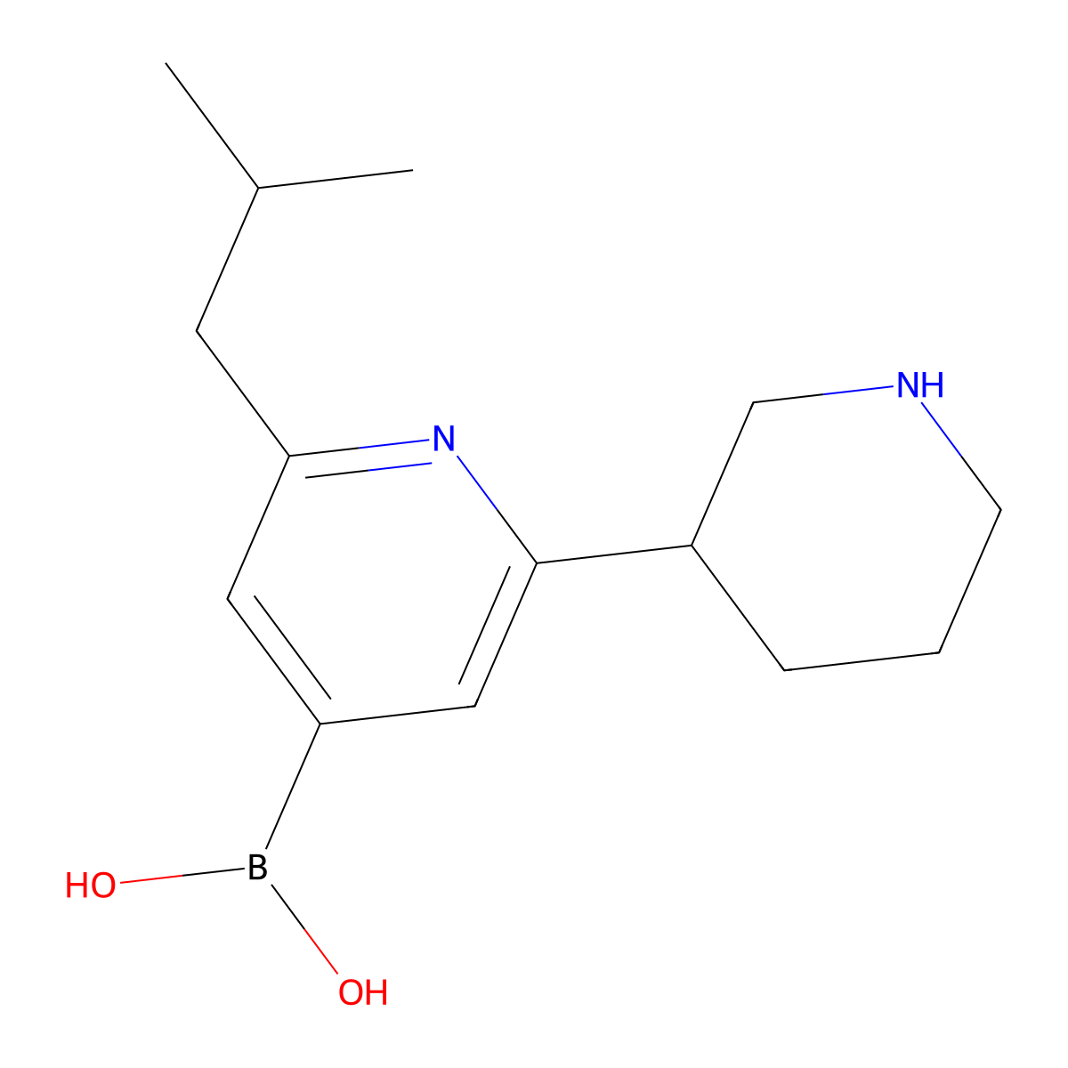 (2-Isobutyl-6-(piperidin-3-yl)pyridin-4-yl)boronic acid molecular structure, CAS 2225151-75-5
