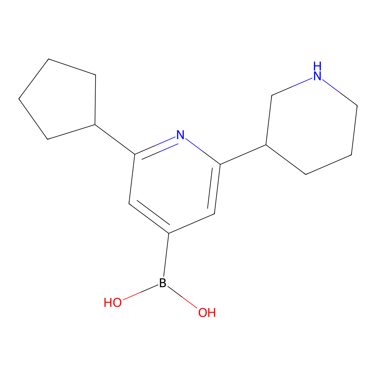 (2-Cyclopentyl-6-(piperidin-3-yl)pyridin-4-yl)boronic acid molecular structure, CAS 2225152-32-7