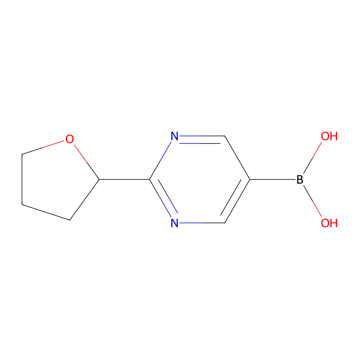 (2-(Tetrahydrofuran-2-yl)pyrimidin-5-yl)boronic acid molecular structure, CAS 2225152-46-3