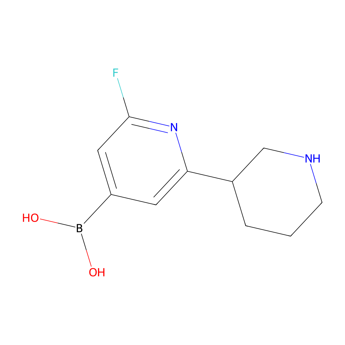 (2-Fluoro-6-(piperidin-3-yl)pyridin-4-yl)boronic acid molecular structure, CAS 2225152-72-5