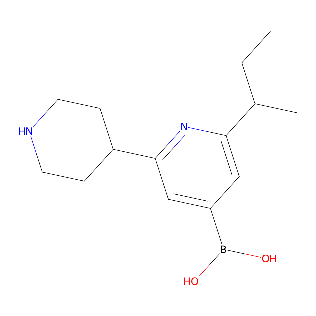 (2-(sec-Butyl)-6-(piperidin-4-yl)pyridin-4-yl)boronic acid molecular structure, CAS 2225153-24-0