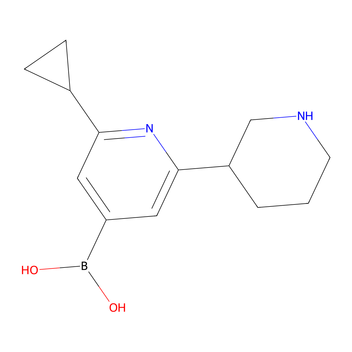 (2-Cyclopropyl-6-(piperidin-3-yl)pyridin-4-yl)boronic acid molecular structure, CAS 2225153-25-1