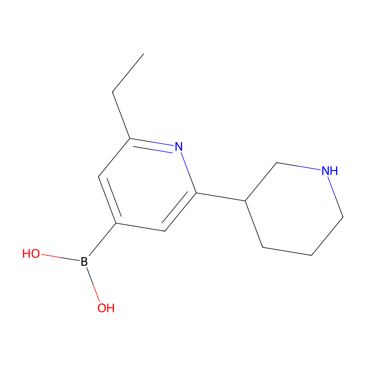 (2-Ethyl-6-(piperidin-3-yl)pyridin-4-yl)boronic acid molecular structure, CAS 2225153-37-5