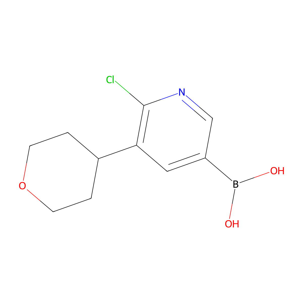 6-Chloro-5-(4-tetrahydropyranyl)pyridine-3-boronic acid molecular structure, CAS 2225154-89-0