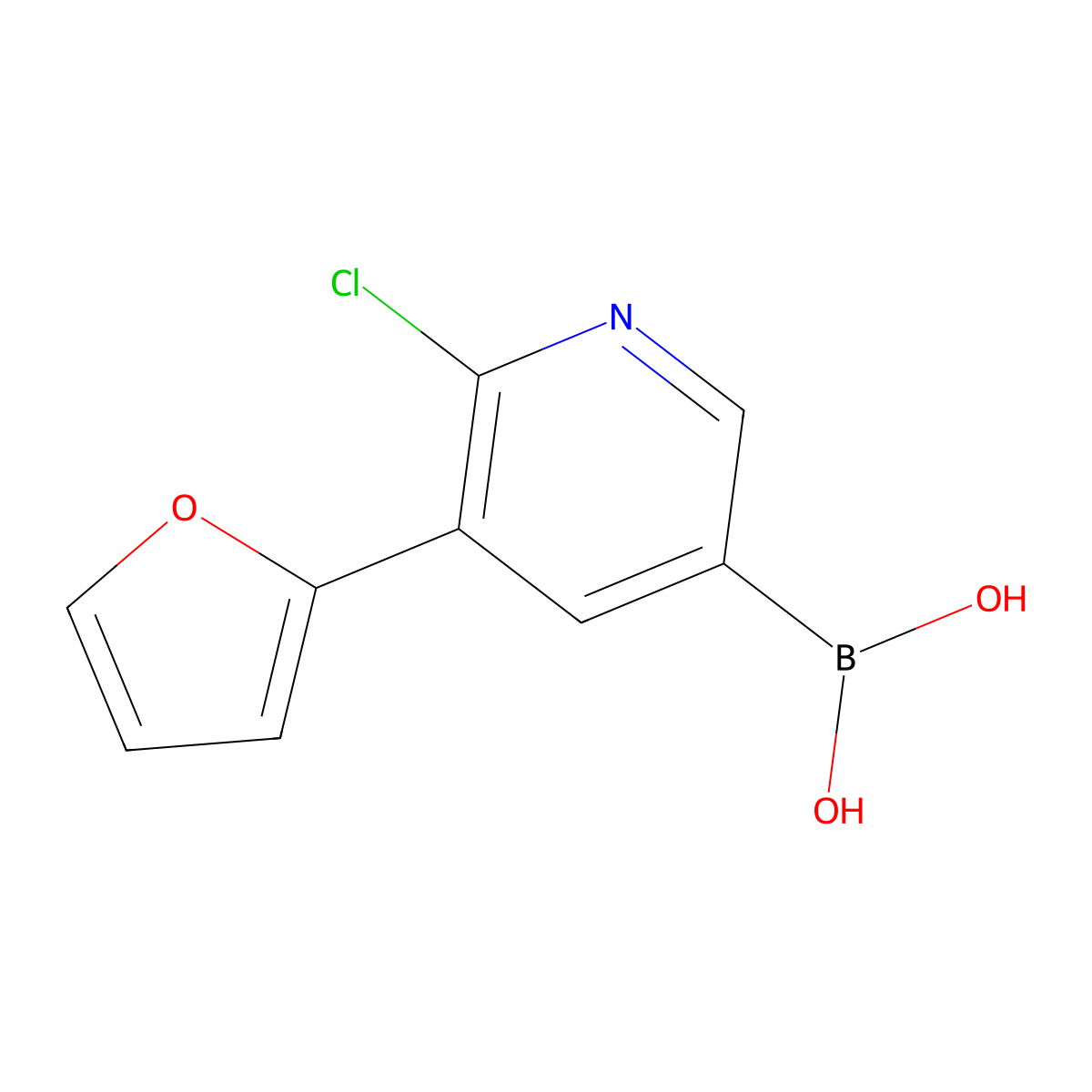 6-Chloro-5-(2-furyl)pyridine-3-boronic acid molecular structure, CAS 2225154-91-4