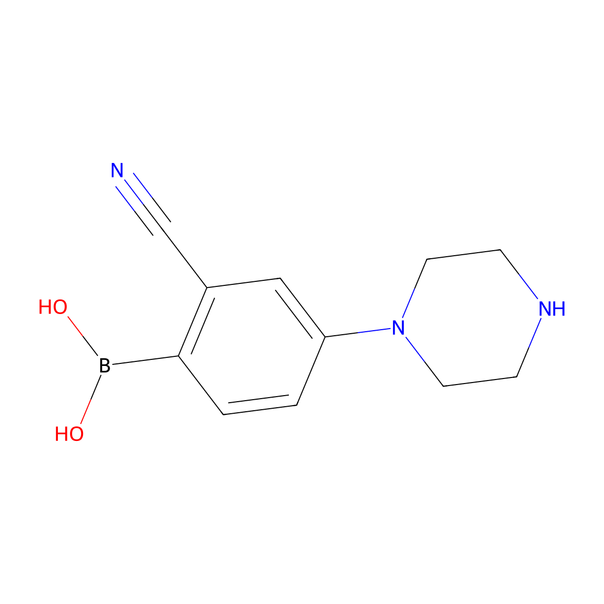 (2-Cyano-4-(piperazin-1-yl)phenyl)boronic acid molecular structure, CAS 2225155-93-9