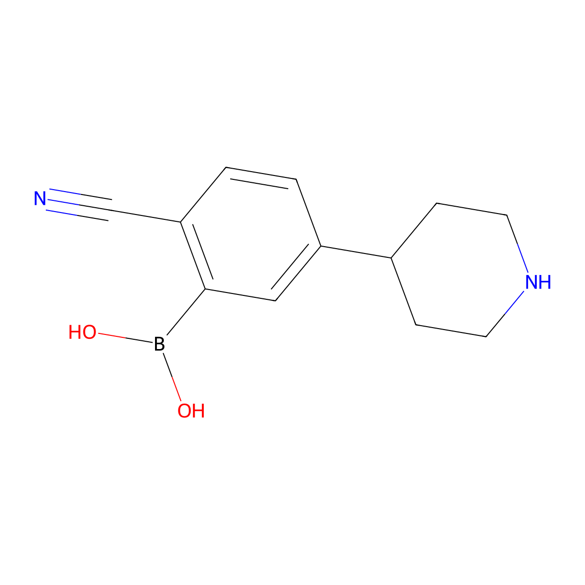 (2-Cyano-5-(piperidin-4-yl)phenyl)boronic acid molecular structure, CAS 2225169-52-6