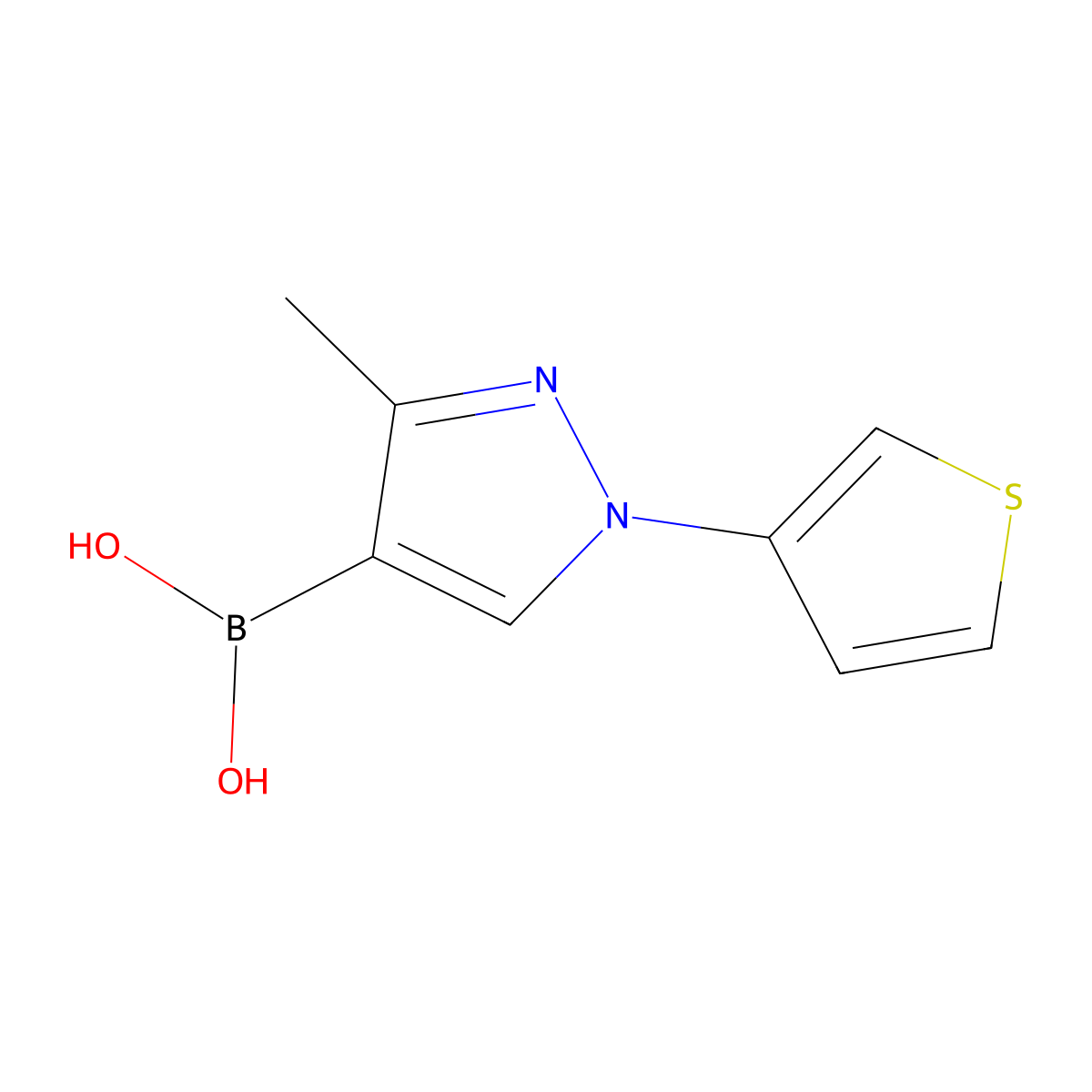 (3-Methyl-1-(thiophen-3-yl)-1H-pyrazol-4-yl)boronic acid molecular structure, CAS 2225169-94-6