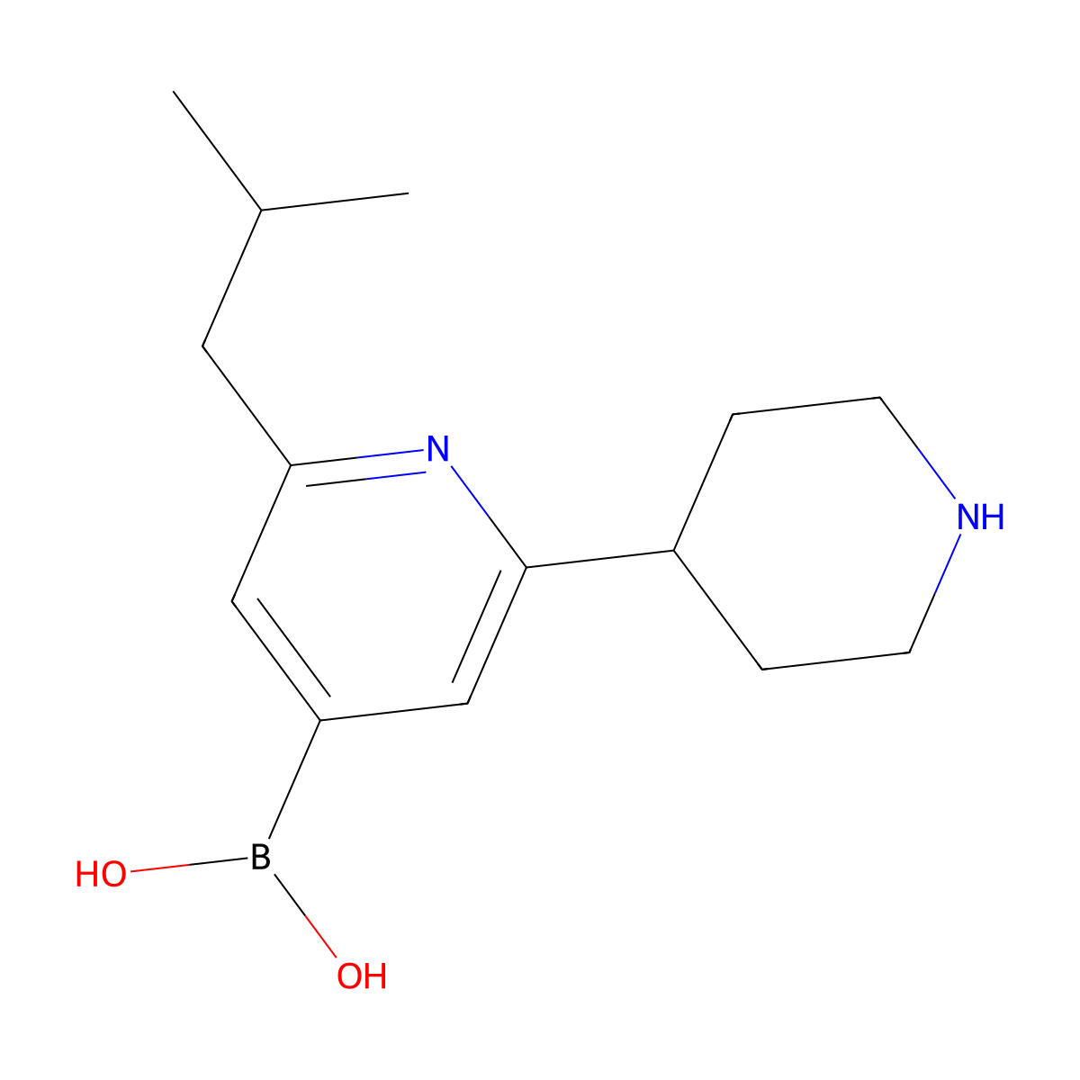 (2-Isobutyl-6-(piperidin-4-yl)pyridin-4-yl)boronic acid molecular structure, CAS 2225174-66-1