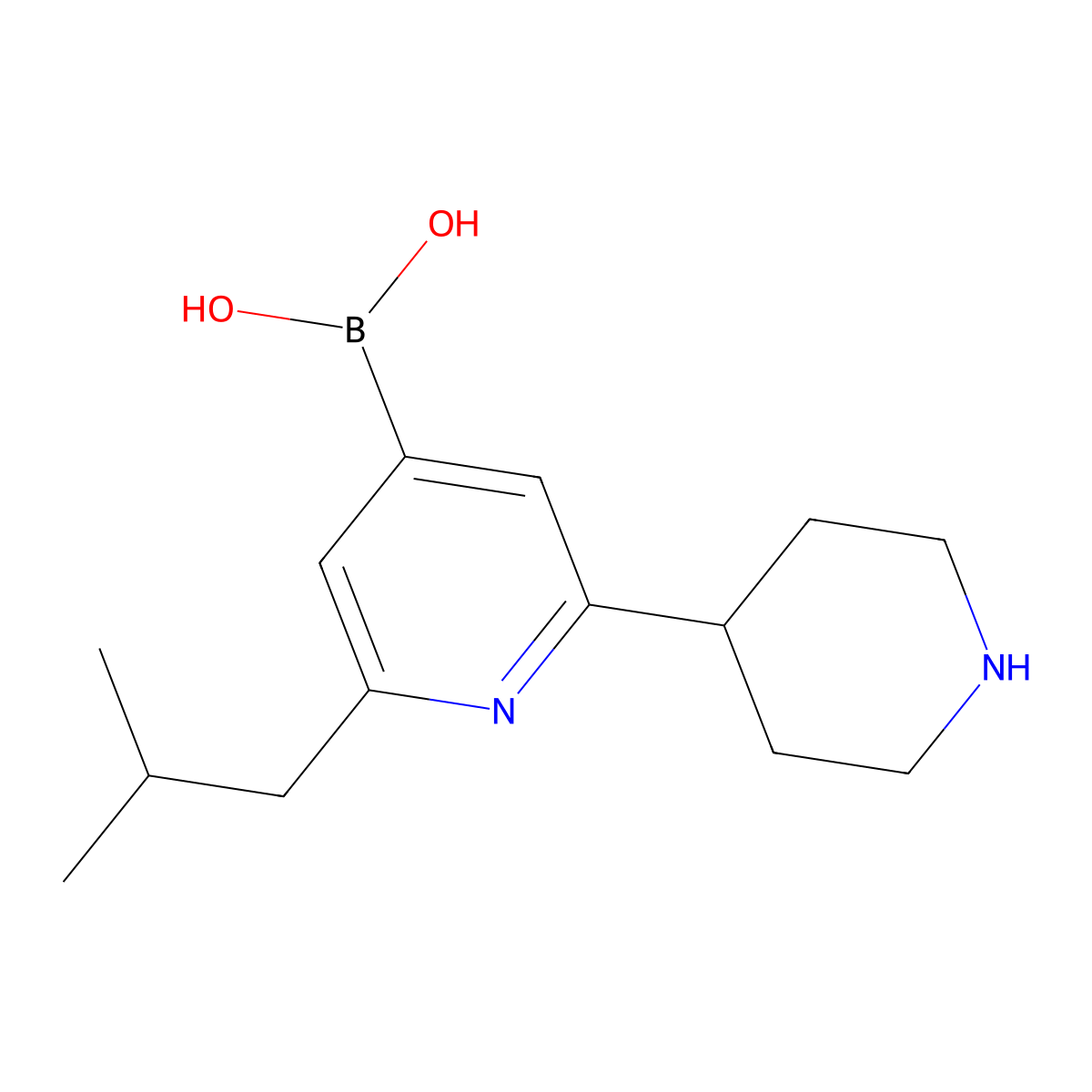 (2-Isobutyl-6-(piperidin-4-yl)pyridin-4-yl)boronic acid molecular structure, CAS 2225174-66-1