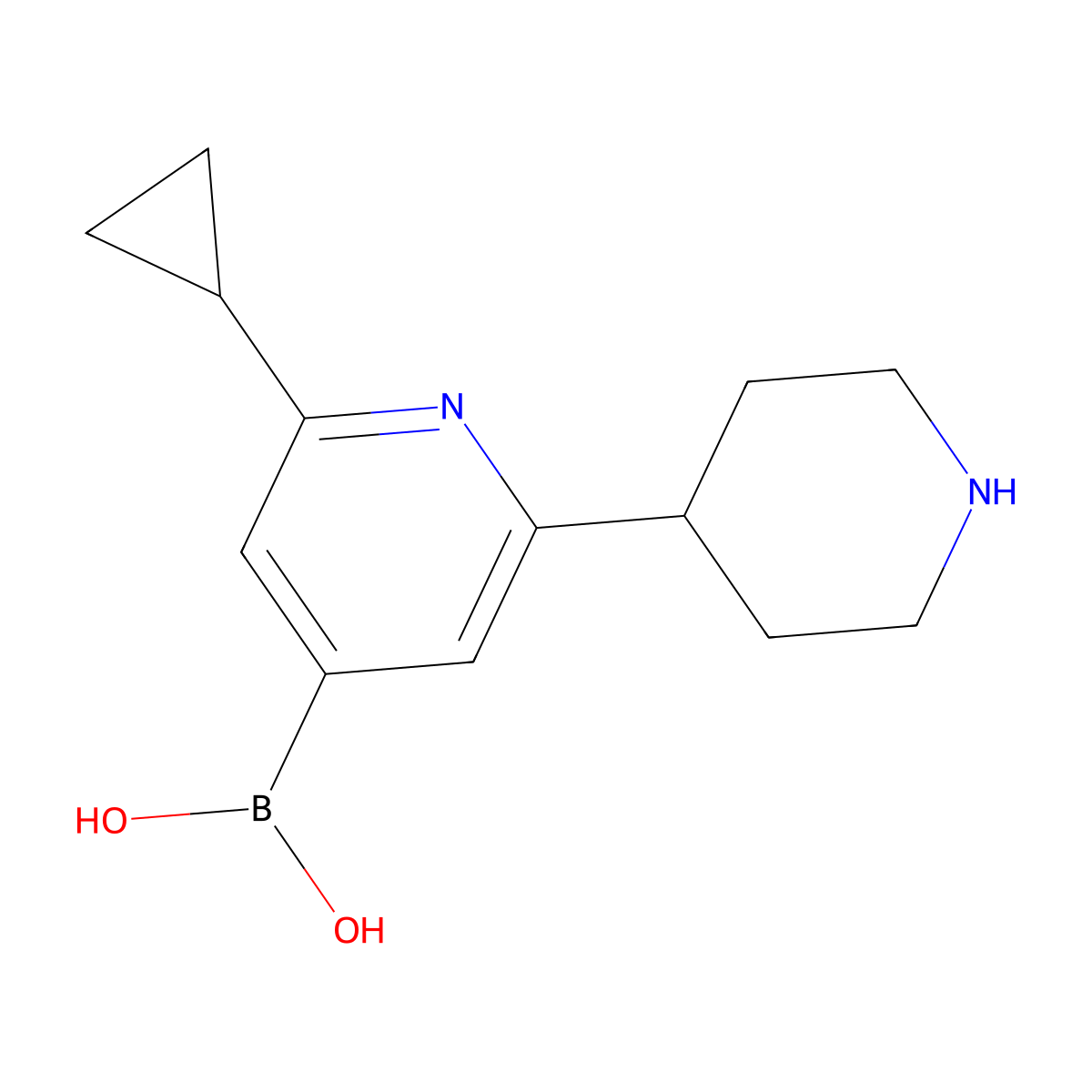 (2-Cyclopropyl-6-(piperidin-4-yl)pyridin-4-yl)boronic acid molecular structure, CAS 2225175-80-2