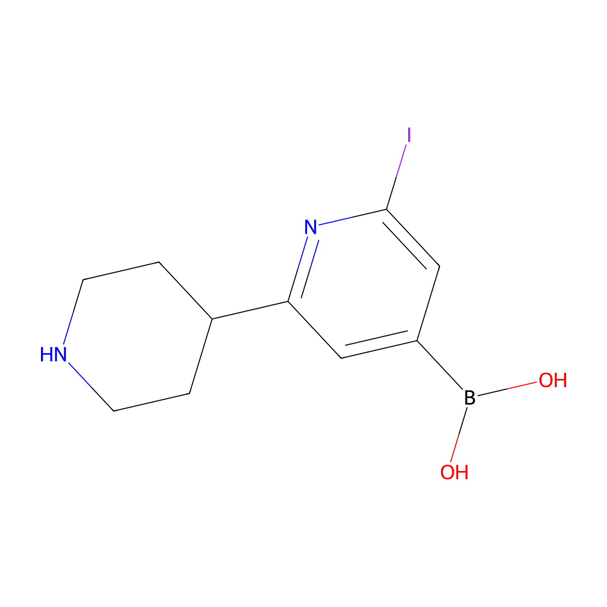 (2-Iodo-6-(piperidin-4-yl)pyridin-4-yl)boronic acid molecular structure, CAS 2225175-87-9