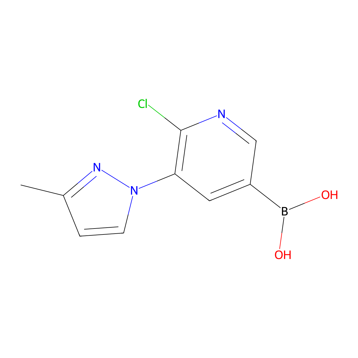 6-Chloro-5-(3-methyl-1H-pyrazol-1-yl)pyridine-3-boronic acid molecular structure, CAS 2225177-65-9