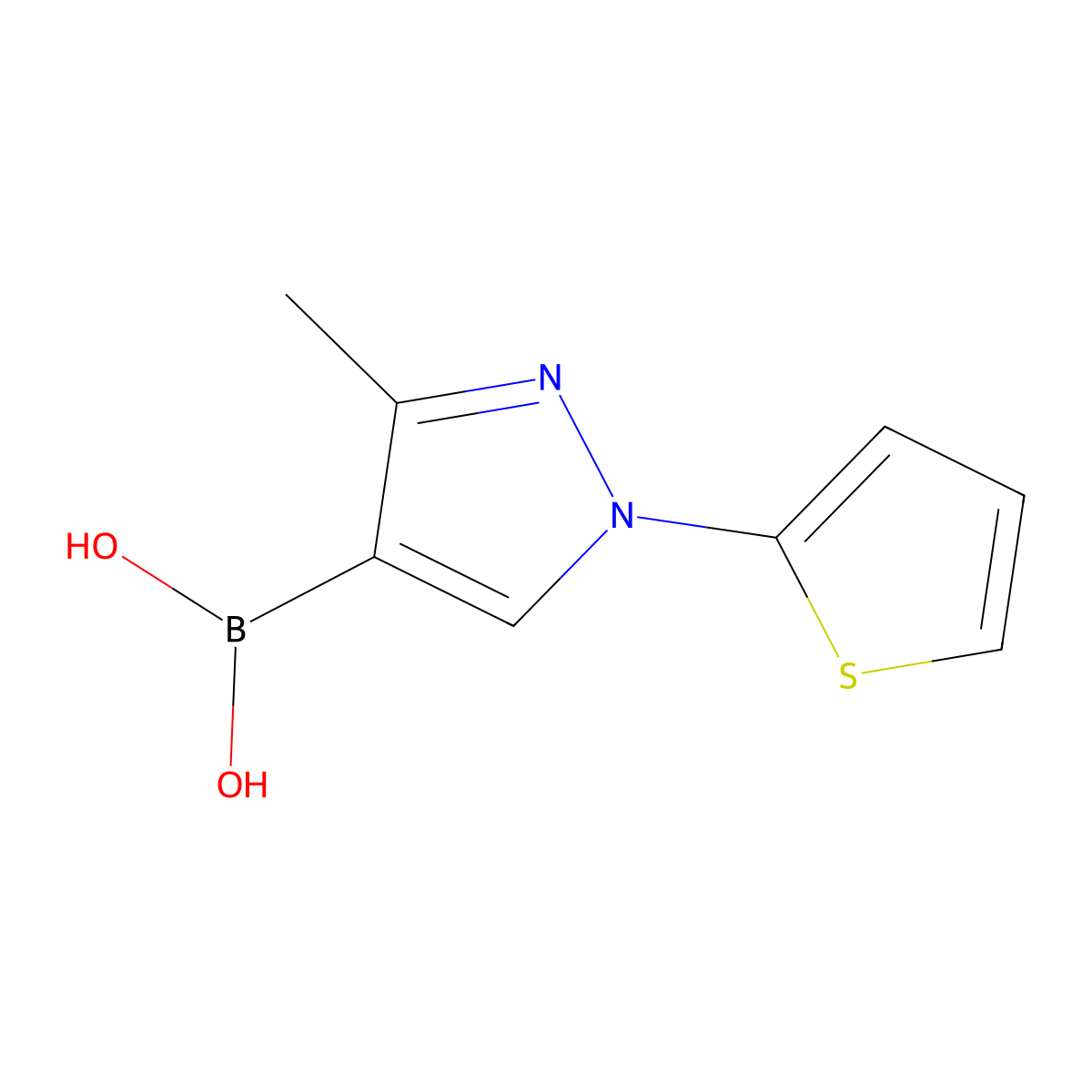 (3-Methyl-1-(thiophen-2-yl)-1H-pyrazol-4-yl)boronic acid molecular structure, CAS 2225180-09-4