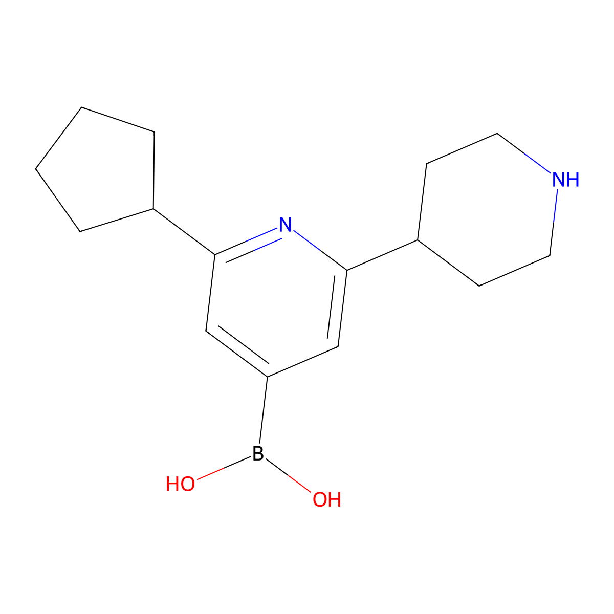 (2-Cyclopentyl-6-(piperidin-4-yl)pyridin-4-yl)boronic acid molecular structure, CAS 2225180-47-0