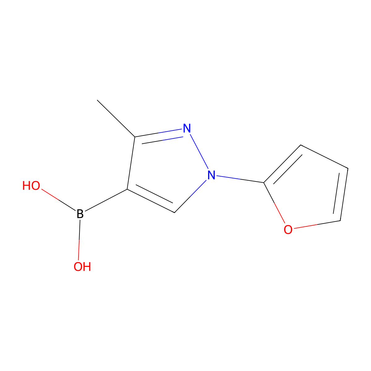(1-(Furan-2-yl)-3-methyl-1H-pyrazol-4-yl)boronic acid molecular structure, CAS 2225181-15-5