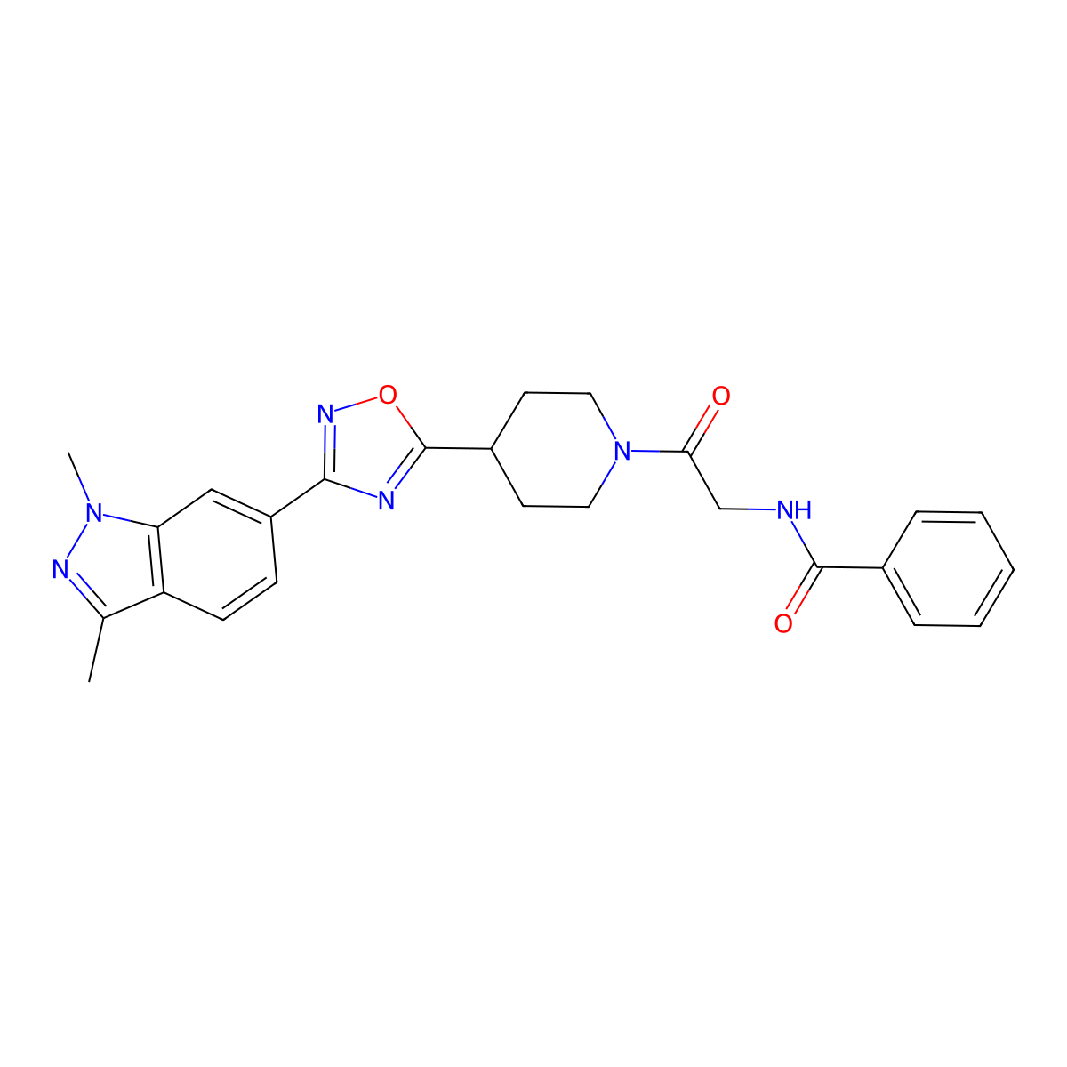 Benzamide, N-[2-[4-[3-(1,3-dimethyl-1H-indazol-6-yl)-1,2,4-oxadiazol-5-yl]-1-piperidinyl]-2-oxoethyl]- molecular structure, CAS 2225824-53-1