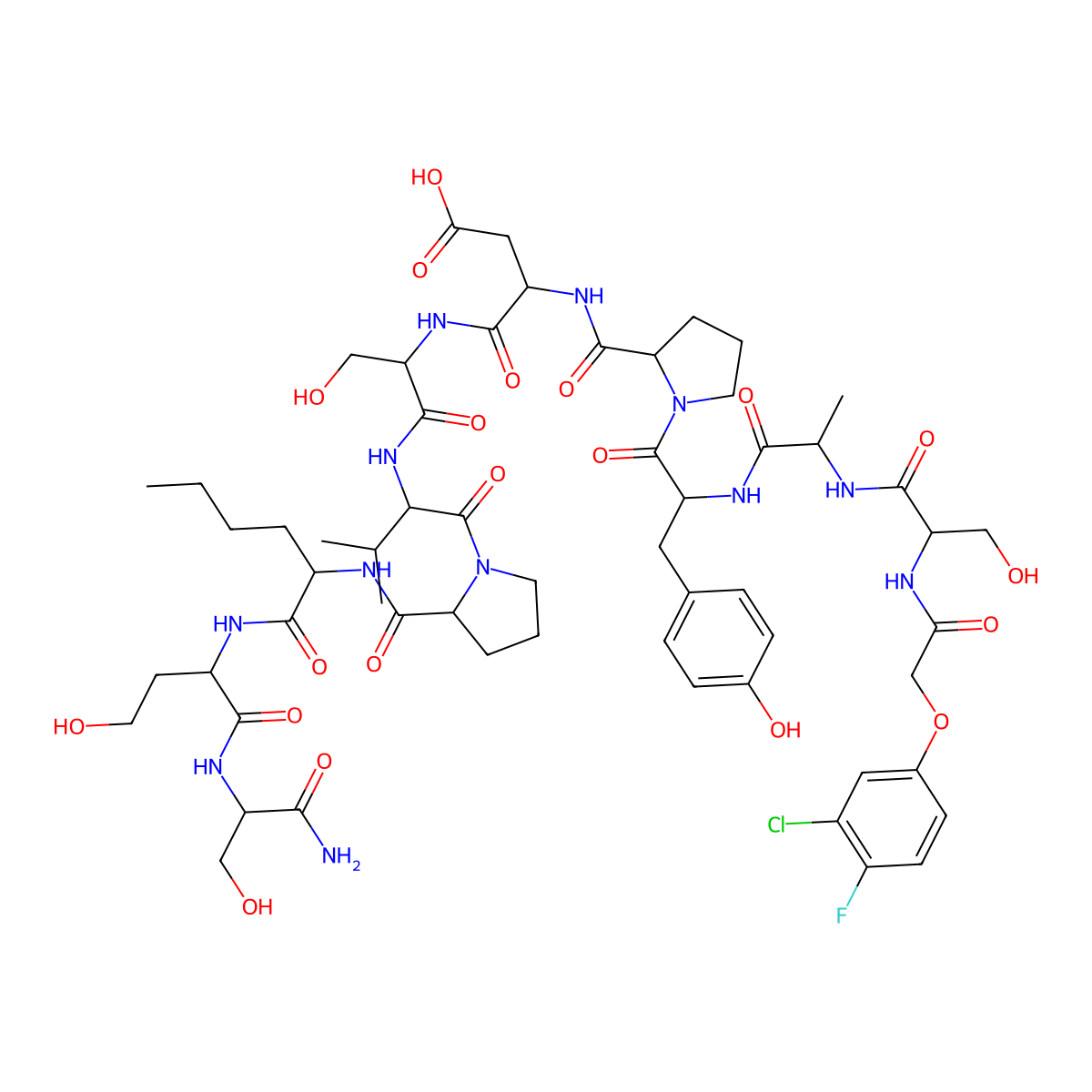 (3S)-4-[[(2S)-1-[[(2S)-1-[(2S)-2-[[(2S)-1-[[(2S)-1-[[(2S)-1-amino-3-hydroxy-1-oxopropan-2-yl]amino]-4-hydroxy-1-oxobutan-2-yl]amino]-1-oxohexan-2-yl]carbamoyl]pyrrolidin-1-yl]-3-methyl-1-oxobutan-2-yl]amino]-3-hydroxy-1-oxopropan-2-yl]amino]-3-[[(2S)-1-[(2S)-2-[[(2S)-2-[[(2S)-2-[[2-(3-chloro-4-fluorophenoxy)acetyl]amino]-3-hydroxypropanoyl]amino]propanoyl]amino]-3-(4-hydroxyphenyl)propanoyl]pyrrolidine-2-carbonyl]amino]-4-oxobutanoic acid molecular structure, CAS 2225868-19-7