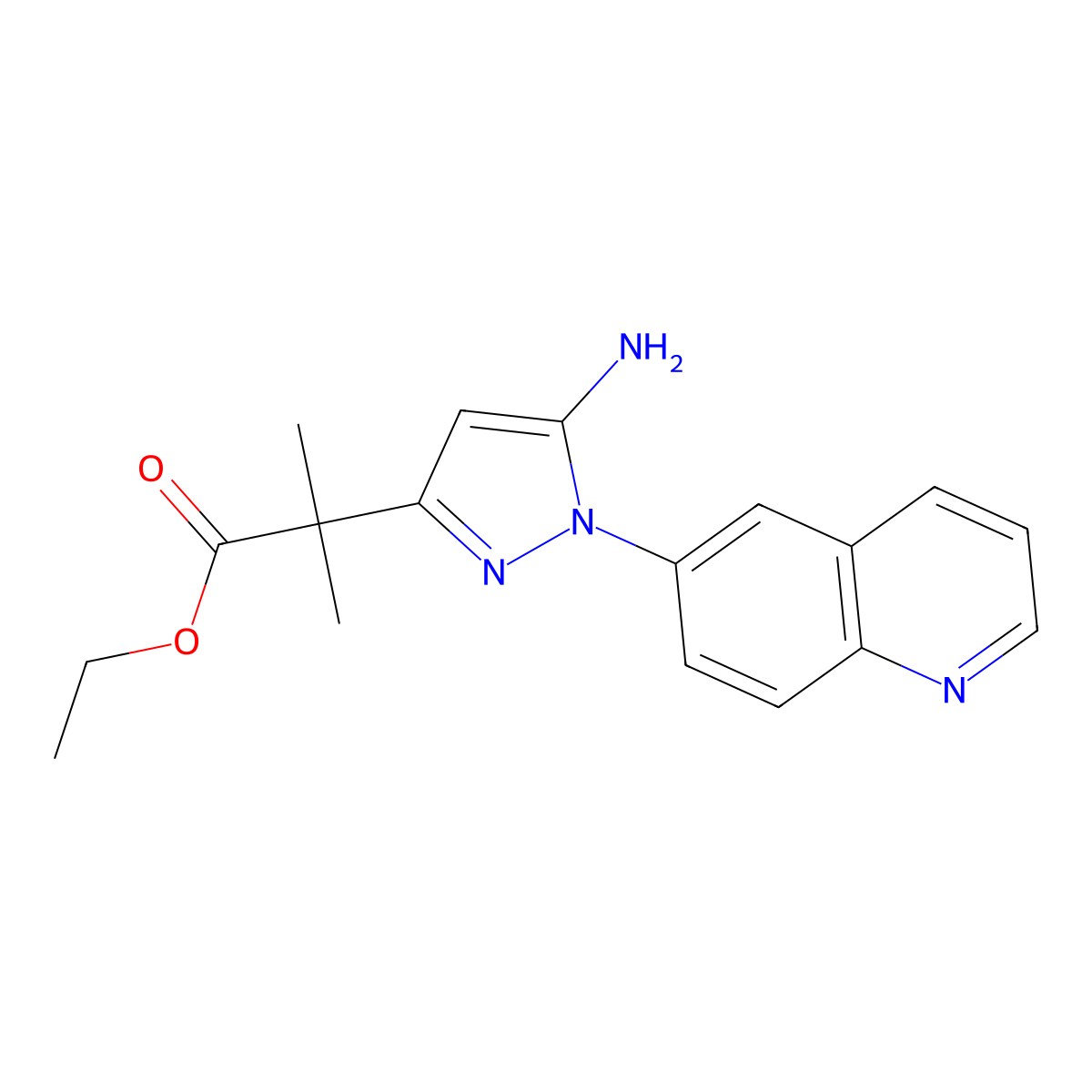 Ethyl 2-(5-amino-1-(quinolin-6-YL)-1H-pyrazol-3-YL)-2-methylpropanoate molecular structure, CAS 2225878-67-9
