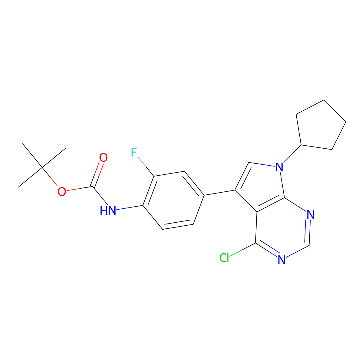 Tert-butyl (4-(4-chloro-7-cyclopentyl-7H-pyrrolo[2,3-D]pyrimidin-5-YL)-2-fluorophenyl)carbamate molecular structure, CAS 2225879-16-1