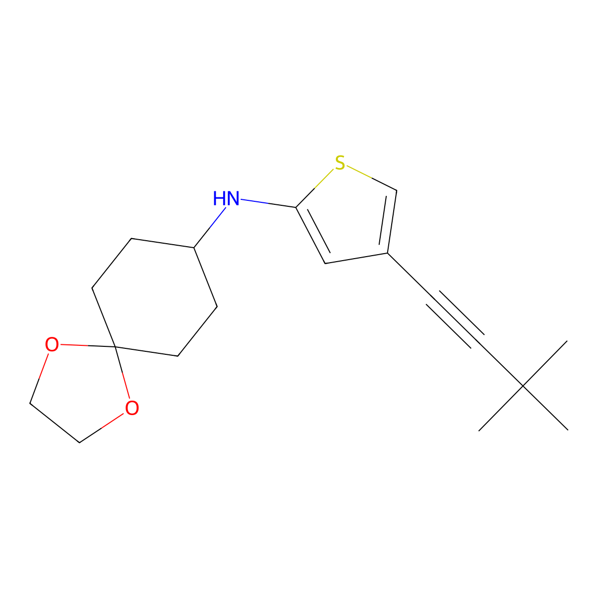 N-(4-(3,3-Dimethylbut-1-YN-1-YL)thiophen-2-YL)-1,4-dioxaspiro[4.5]decan-8-amine molecular structure, CAS 2225879-37-6