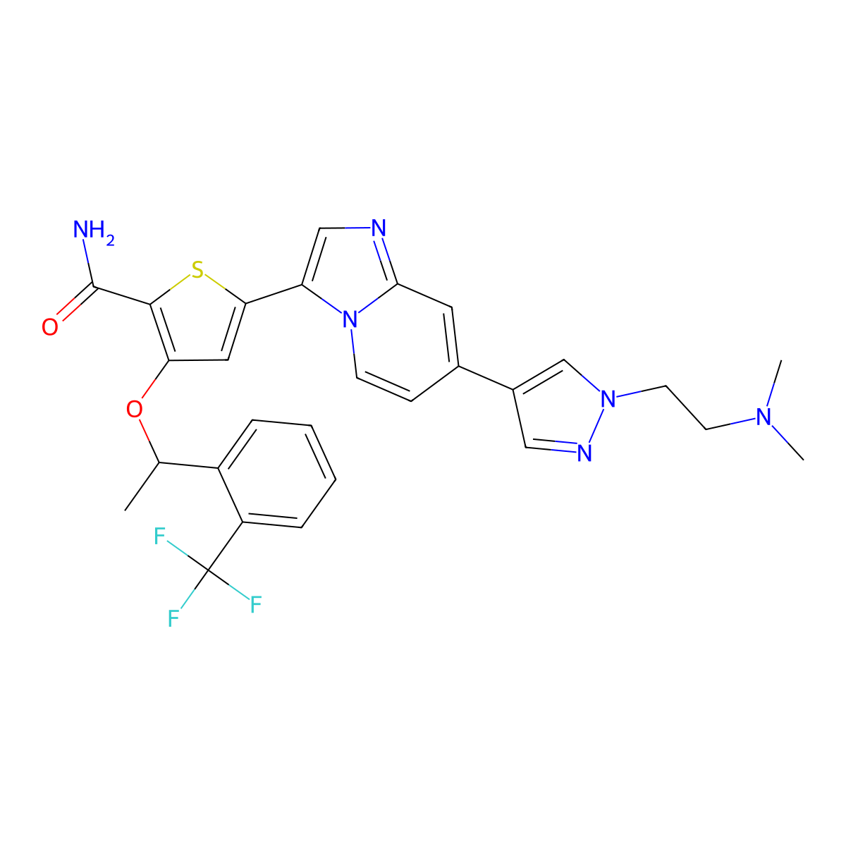 5-[7-[1-[2-(dimethylamino)ethyl]pyrazol-4-yl]imidazo[1,2-a]pyridin-3-yl]-3-[(1R)-1-[2-(trifluoromethyl)phenyl]ethoxy]thiophene-2-carboxamide molecular structure, CAS 2225902-88-3