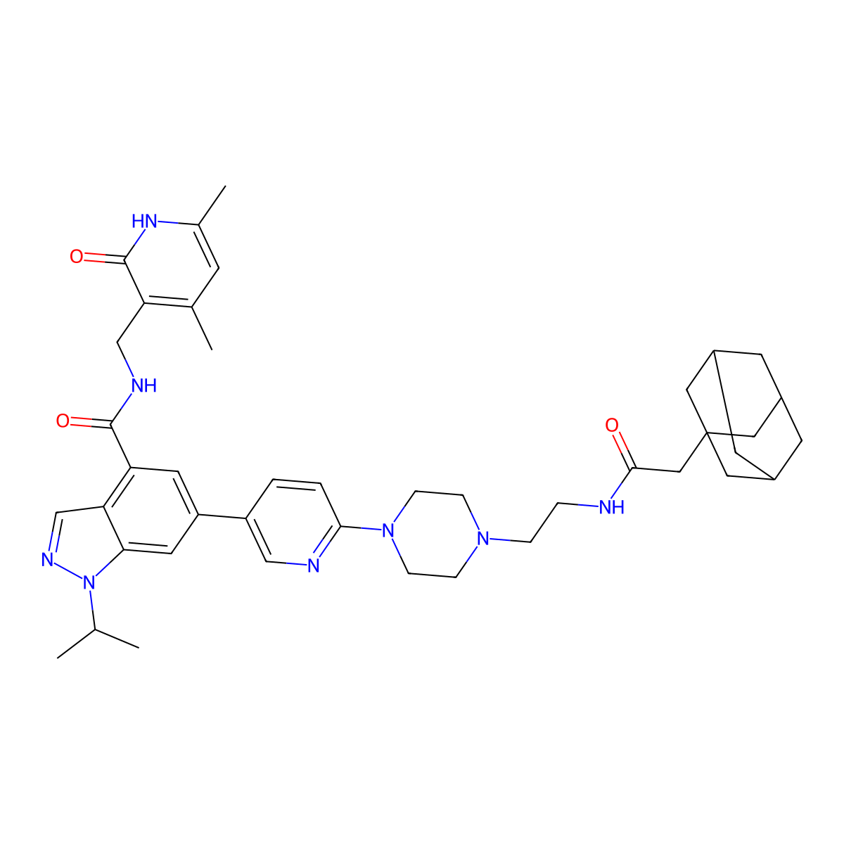 6-(6-(4-(2-(2-(Adamantan-1-yl)acetamido)ethyl)piperazin-1-yl)pyridin-3-yl)-N-((4,6-dimethyl-2-oxo-1,2-dihydropyridin-3-yl)methyl)-1-isopropyl-1H-indazole-4-carboxamide molecular structure, CAS 2225938-17-8