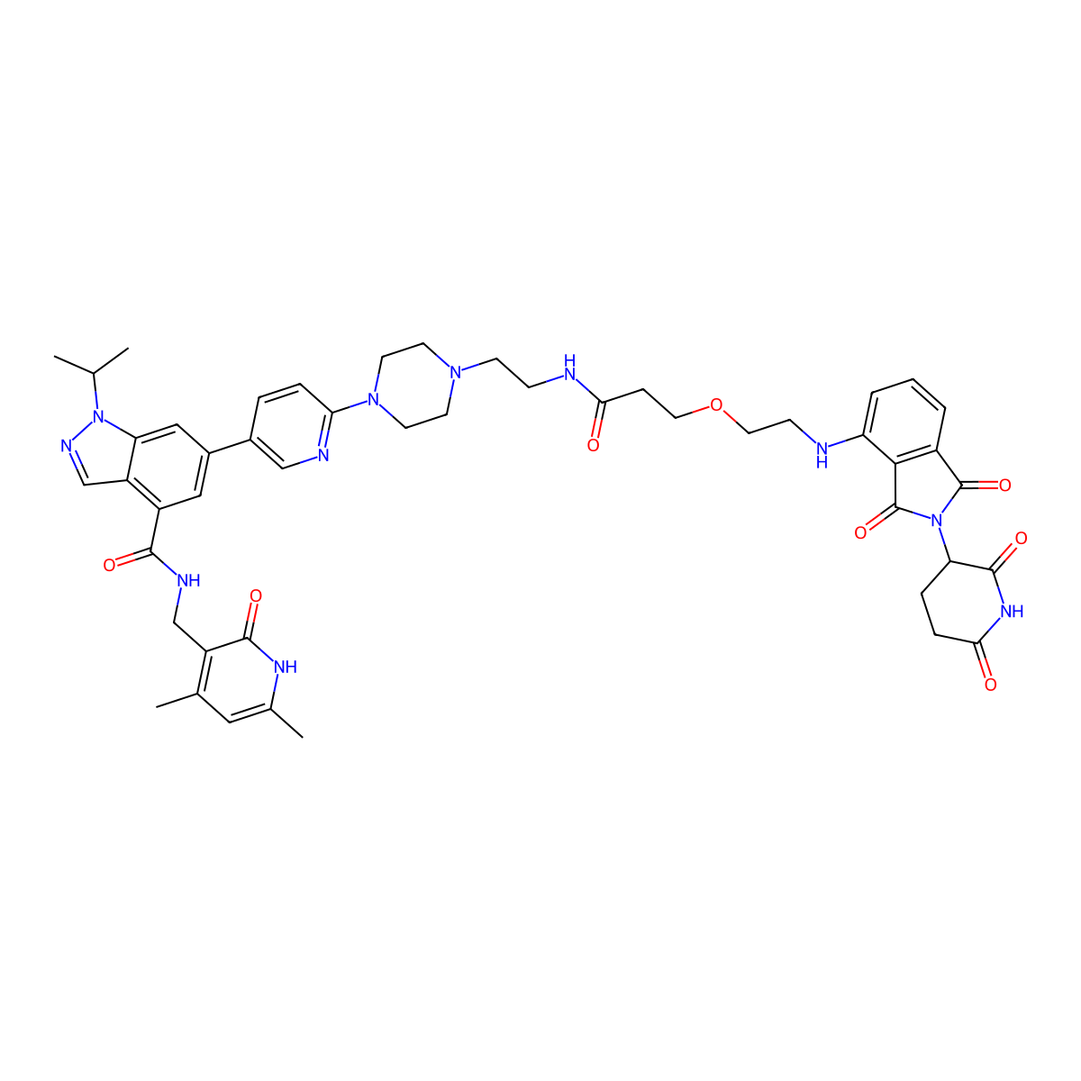 N-((4,6-Dimethyl-2-oxo-1,2-dihydropyridin-3-yl)methyl)-6-(6-(4-(2-(3-(2-((2-(2,6-dioxopiperidin-3-yl)-1,3-dioxoisoindolin-4-yl)amino)ethoxy)propanamido)ethyl)piperazin-1-yl)pyridin-3-yl)-1-isopropyl-1H-indazole-4-carboxamide molecular structure, CAS 2225938-86-1