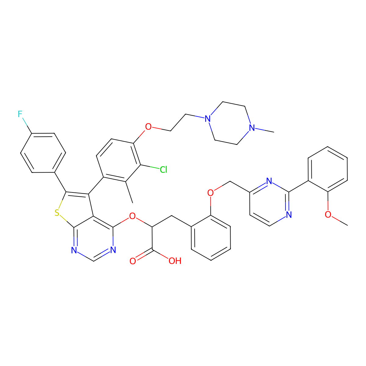 2-((5-(3-Chloro-2-methyl-4-(2-(4-methylpiperazin-1-yl)ethoxy)phenyl)-6-(4-fluorophenyl)thieno[2,3-d]pyrimidin-4-yl)oxy)-3-(2-((2-(2-methoxyphenyl)pyrimidin-4-yl)methoxy)phenyl)propanoic acid molecular structure, CAS 2225947-97-5