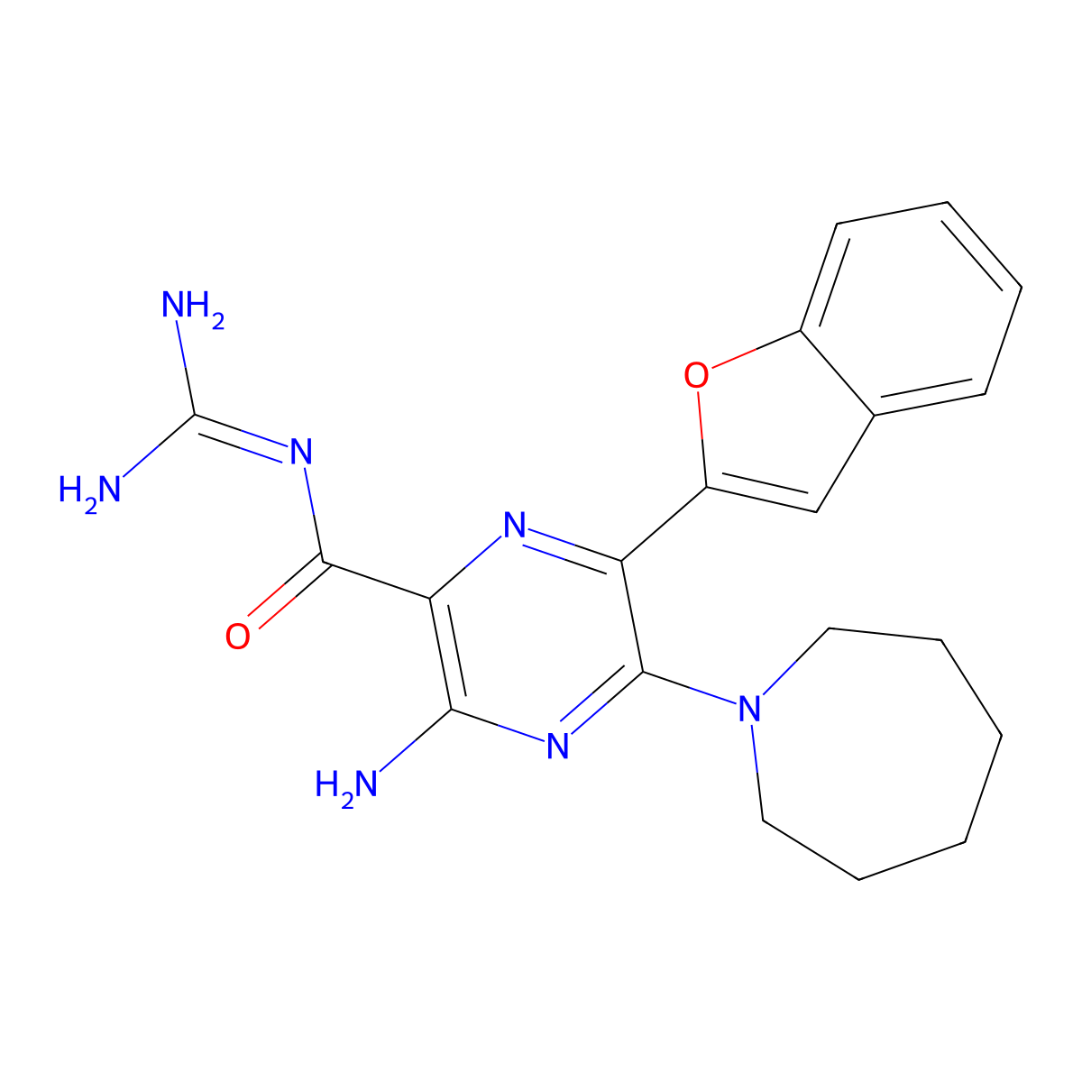 3-azanyl-5-(azepan-1-yl)-6-(1-benzofuran-2-yl)-Ncarbamimidoyl-pyrazine-2-carboxamide molecular structure, CAS 2226086-65-1