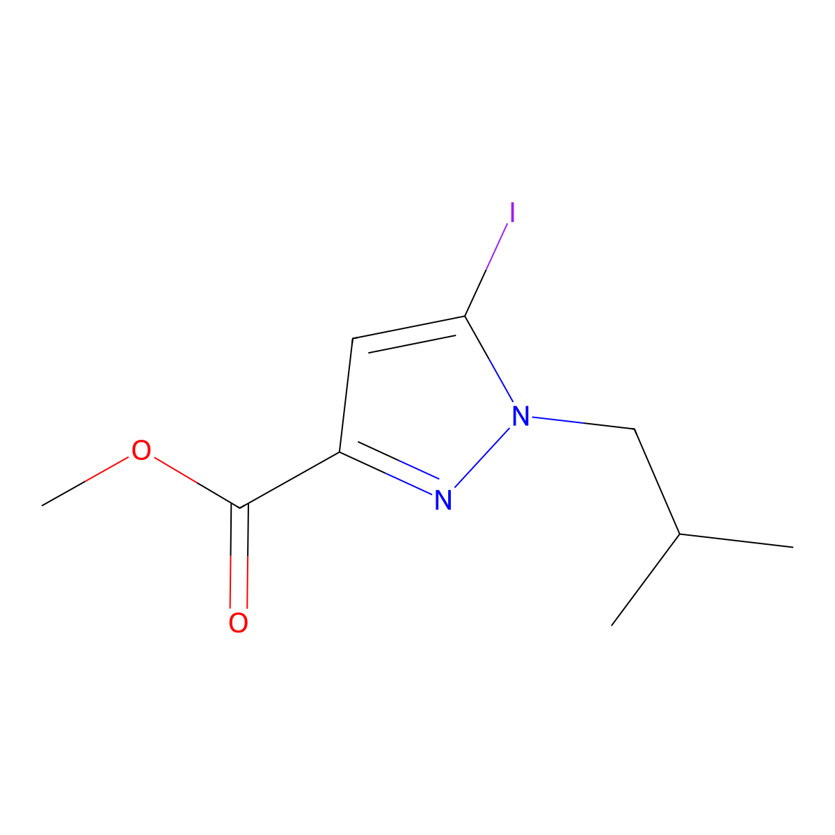 Methyl 5-iodo-1-(2-methylpropyl)pyrazole-3-carboxylate molecular structure, CAS 2226181-63-9