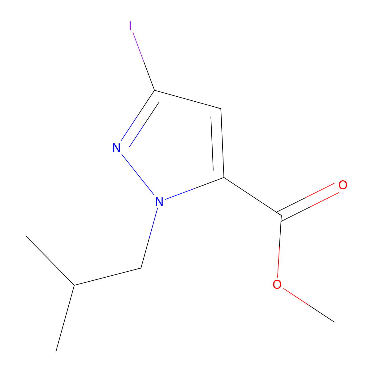 methyl 3-iodo-1-isobutyl-1H-pyrazole-5-carboxylate molecular structure, CAS 2226182-61-0
