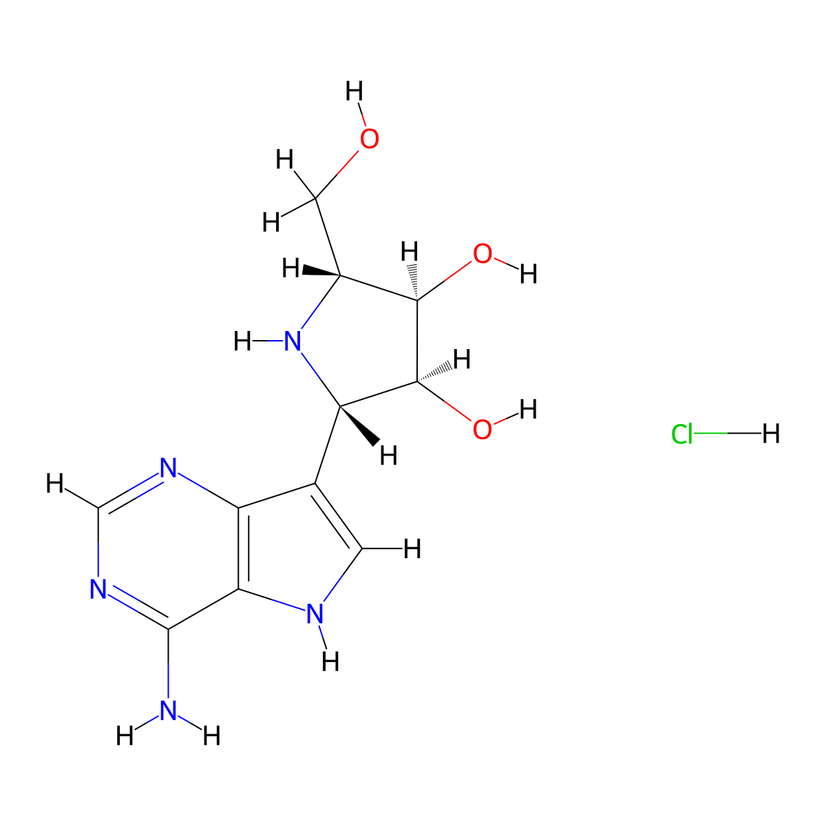 3,4-Pyrrolidinediol, 2-(4-amino-5H-pyrrolo3,2-dpyrimidin-7-yl)-5-(hydroxymethyl)-, monohydrochloride, (2S,3S,4R,5R)- molecular structure, CAS 222631-44-9