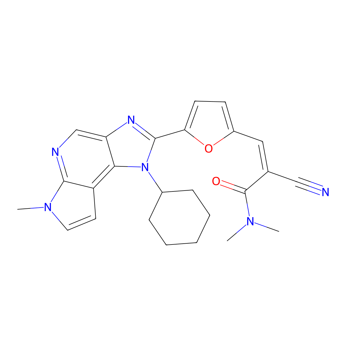 2-Propenamide, 2-cyano-3-[5-(1-cyclohexyl-1,6-dihydro-6-methylimidazo[4,5-d]pyrrolo[2,3-b]pyridin-2-yl)-2-furanyl]-N,N-dimethyl- molecular structure, CAS 2226521-64-6