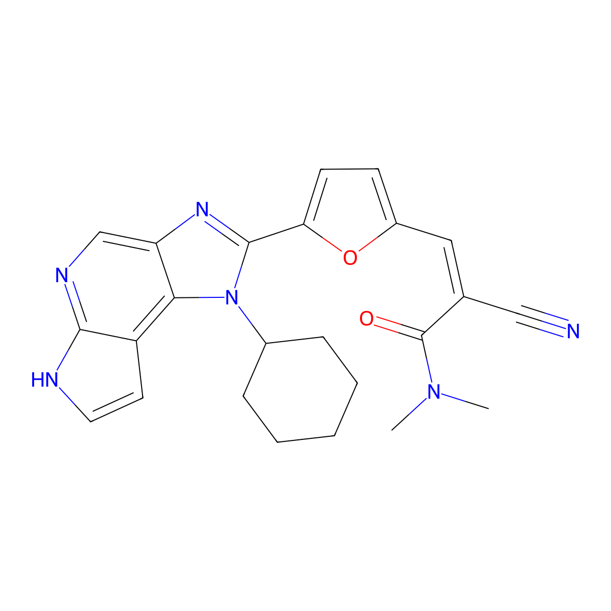(E/Z)-2-Cyano-3-(5-(1-cyclohexyl-1,6-dihydroimidazo[4,5-d]pyrrolo[2,3-b]pyridin-2-yl)furan-2-yl)-N,N-dimethylacrylamide molecular structure, CAS 2226521-65-7